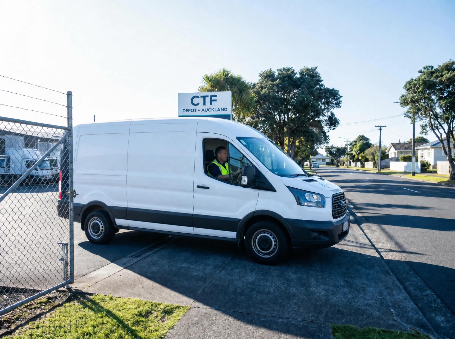Ctrack-tracked dispatch van leaving a depot in a New Zealand suburb on a clear morning