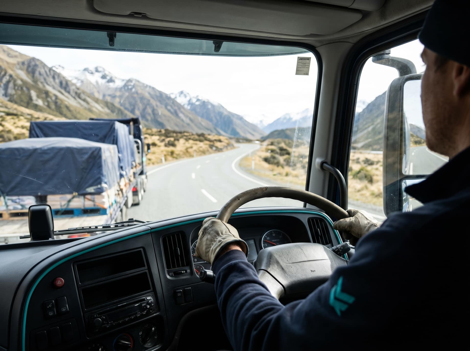 Fleet driver's hands on the wheel with a clear windscreen view of an alpine New Zealand state highway