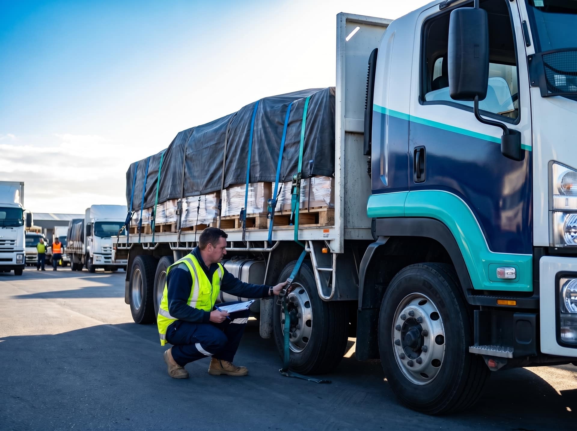Fleet driver doing a pre-trip walkaround inspection of a loaded rigid truck at a New Zealand depot