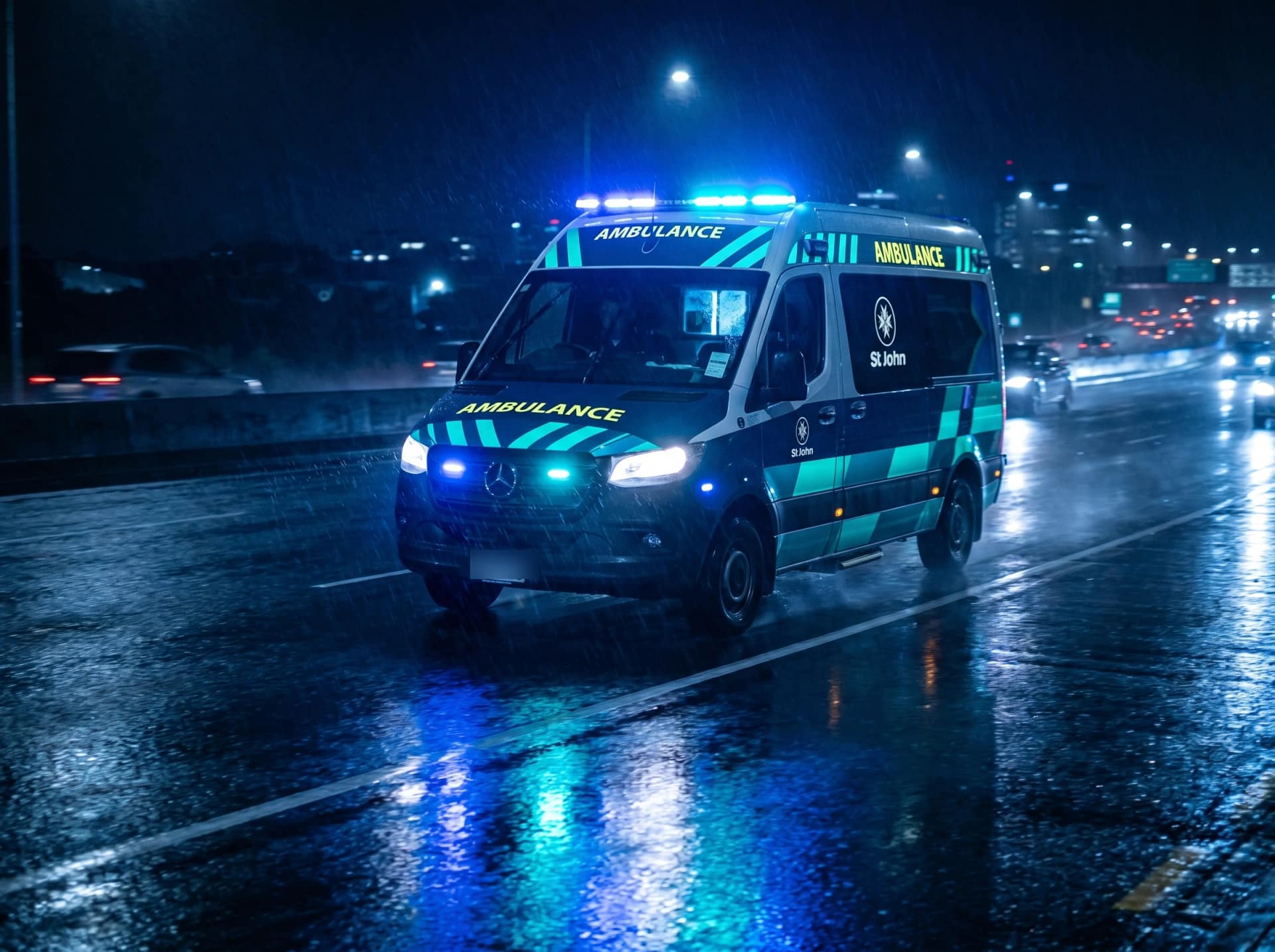Modern ambulance responding on a New Zealand motorway at night with blue and teal emergency light across wet tarmac