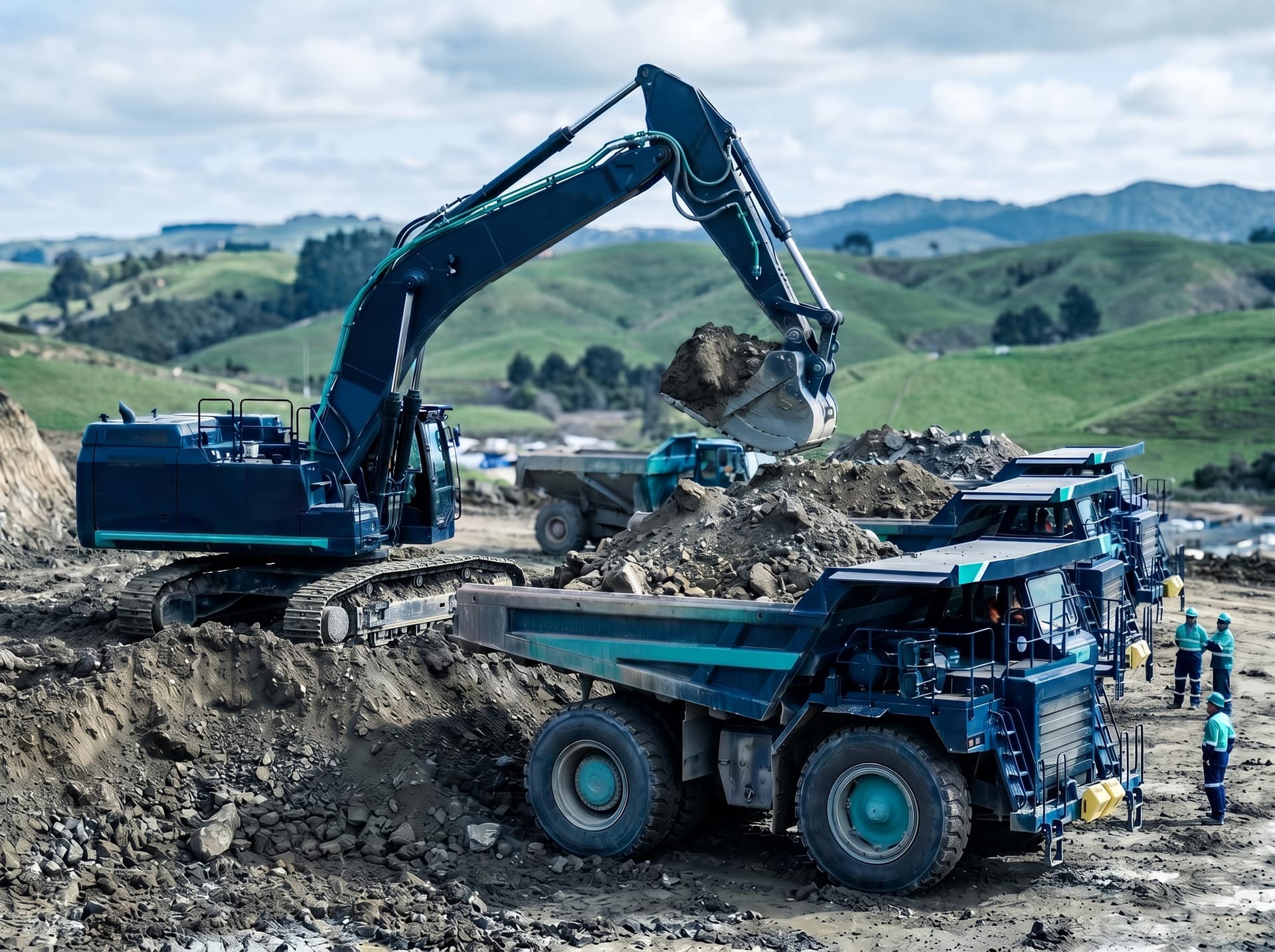 Large excavator working at a New Zealand worksite with loaded haul trucks waiting