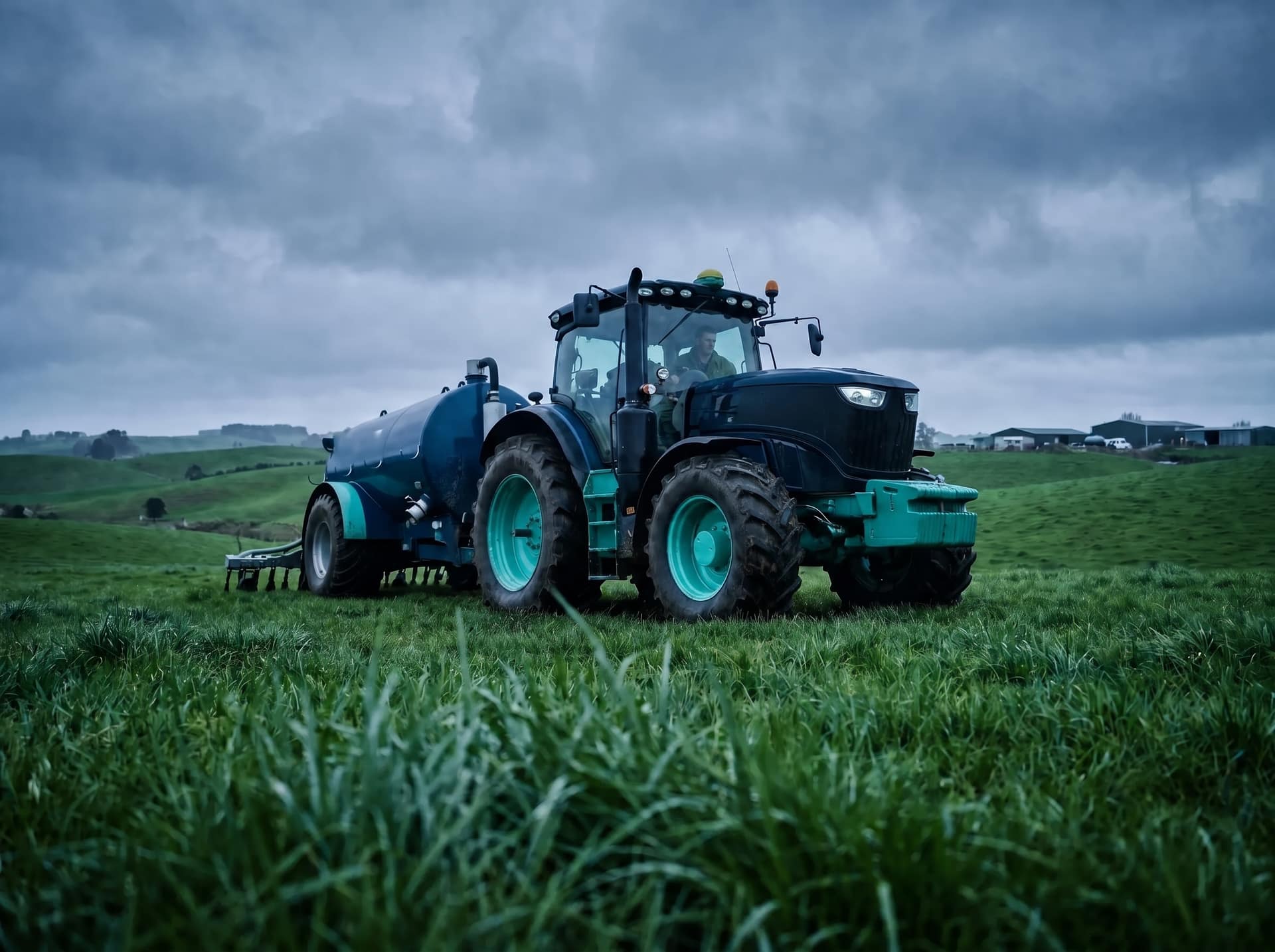 New Zealand farm tractor with a slurry tanker working a green Waikato paddock