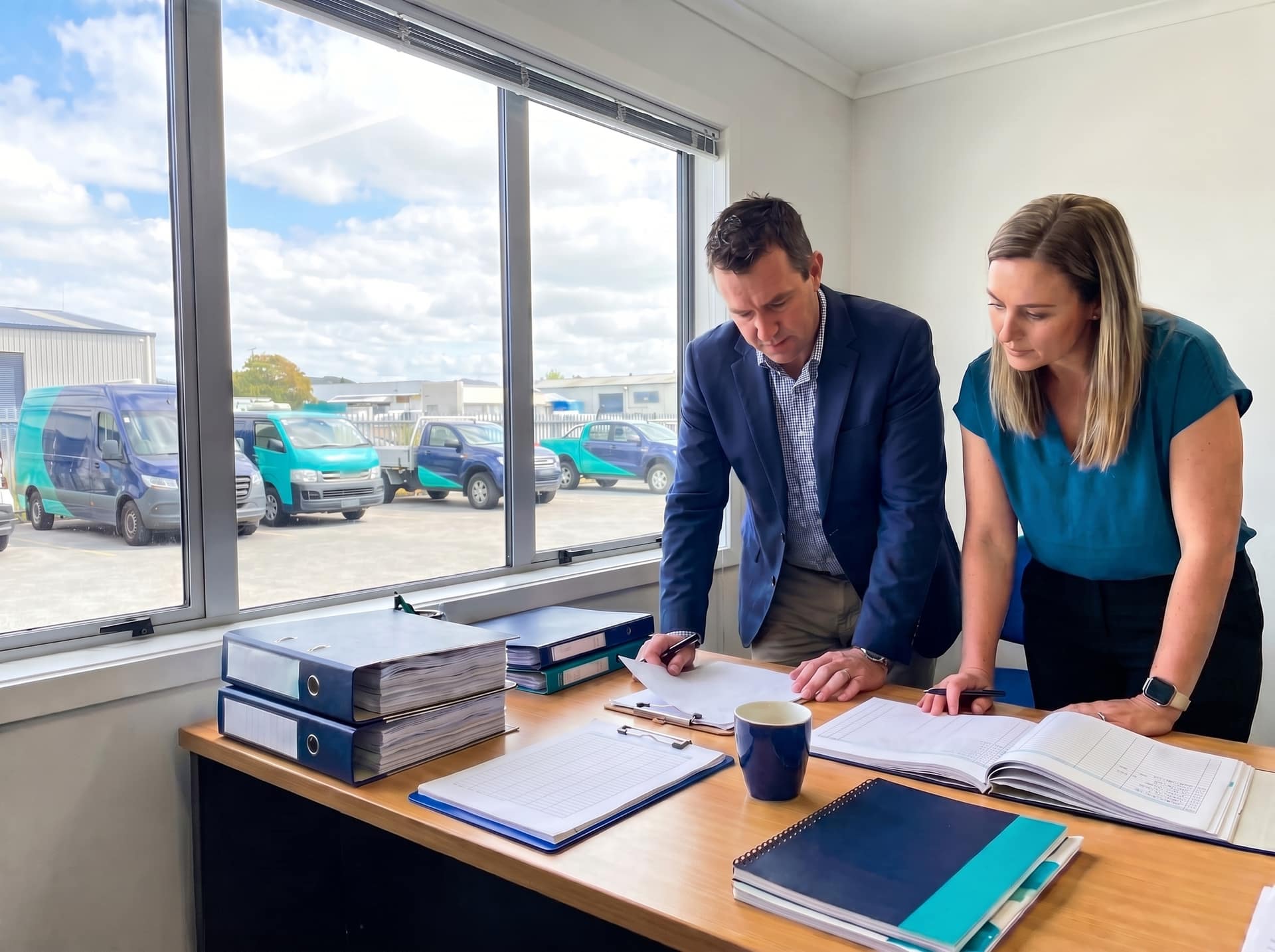 Fleet manager and auditor reviewing records on a depot office desk with vehicles visible through the window