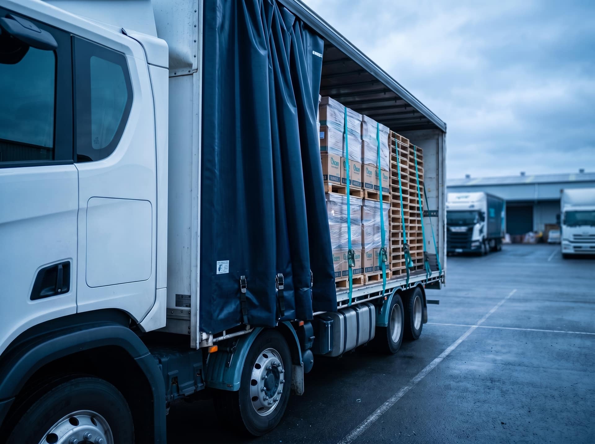Close side view of a fully loaded curtain-sider trailer with pallets visible through the opened curtain