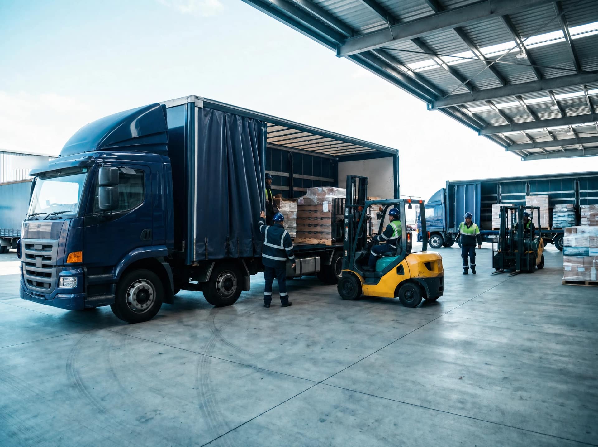 Freight loading bay at a New Zealand distribution depot with pallets being transferred to a curtain-sider