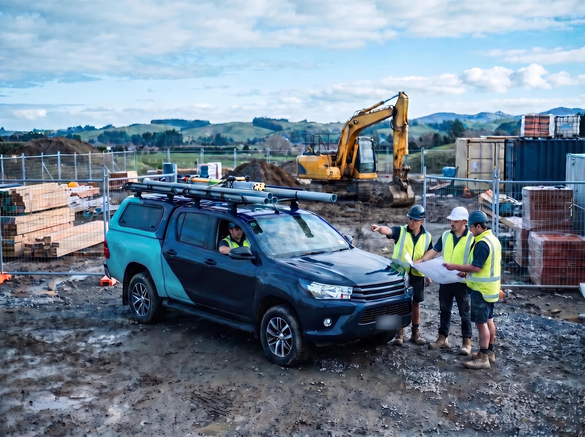 Fleet Toyota Hilux with canopy at an active New Zealand construction site with tradespeople in hi-vis