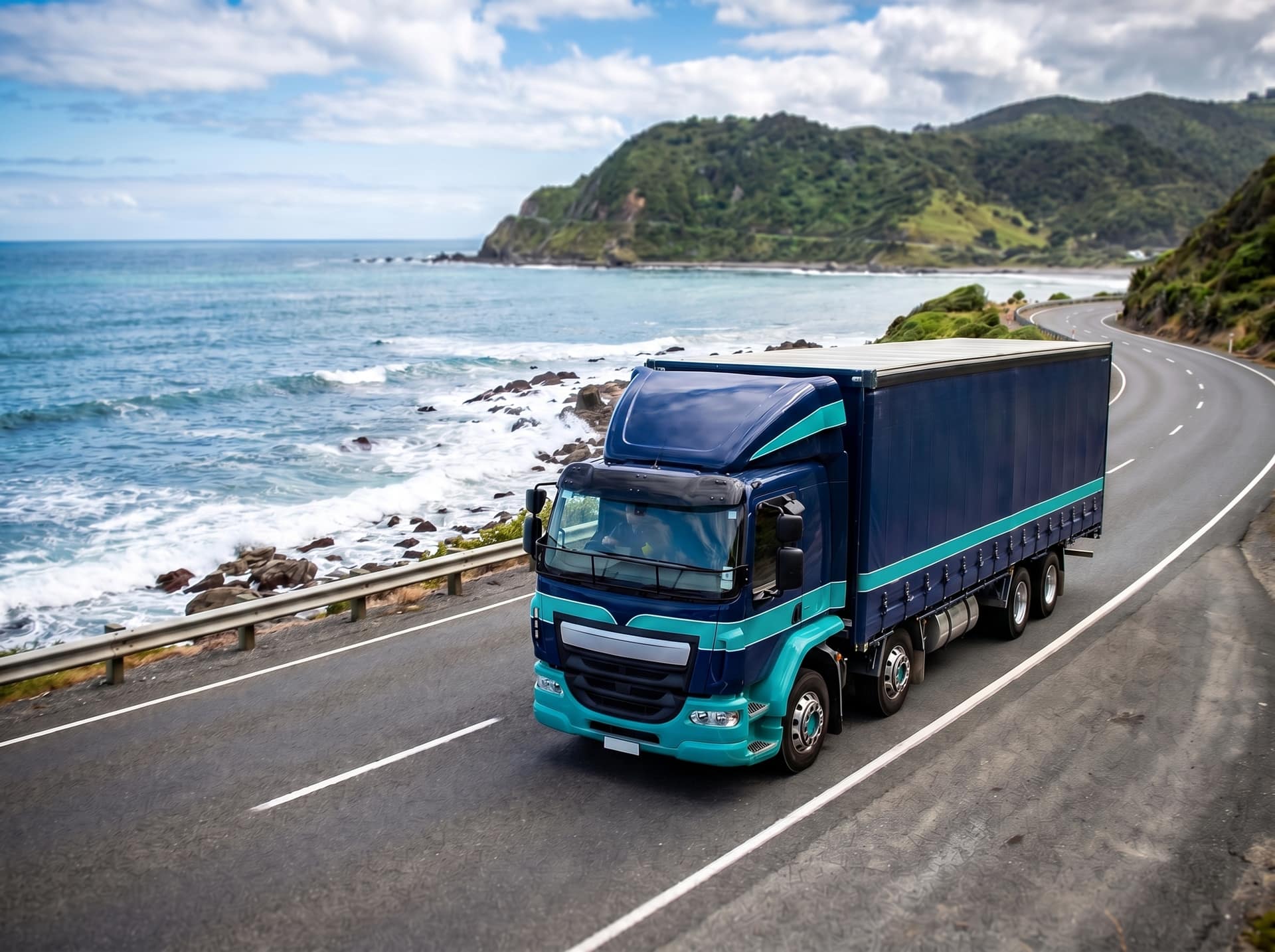 Freight truck on a coastal New Zealand state highway with ocean and headland visible