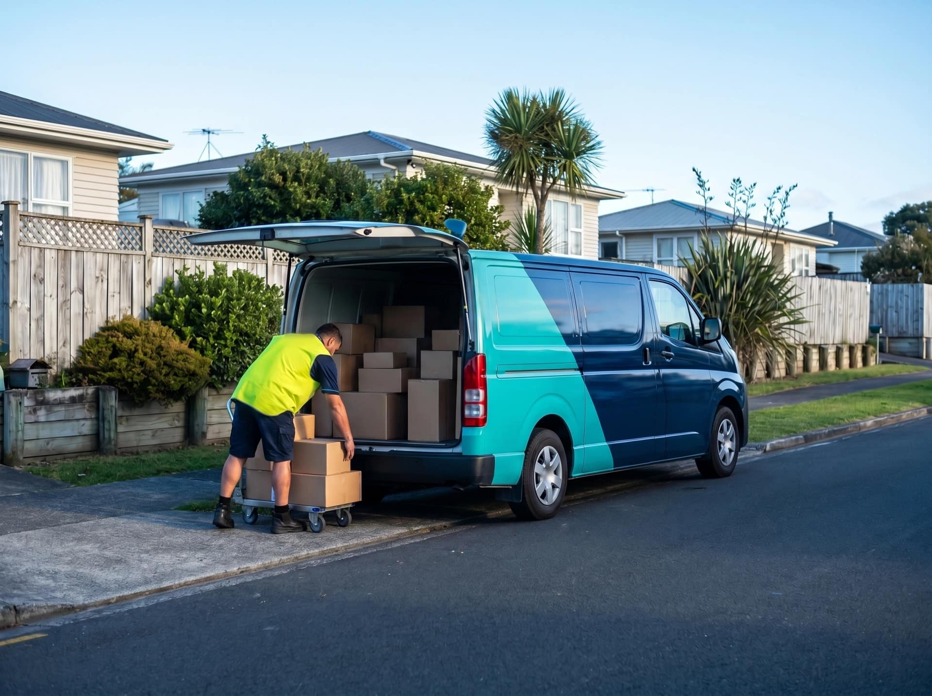 Ctrack-tracked last-mile delivery van at a suburban New Zealand kerb during morning drop-offs