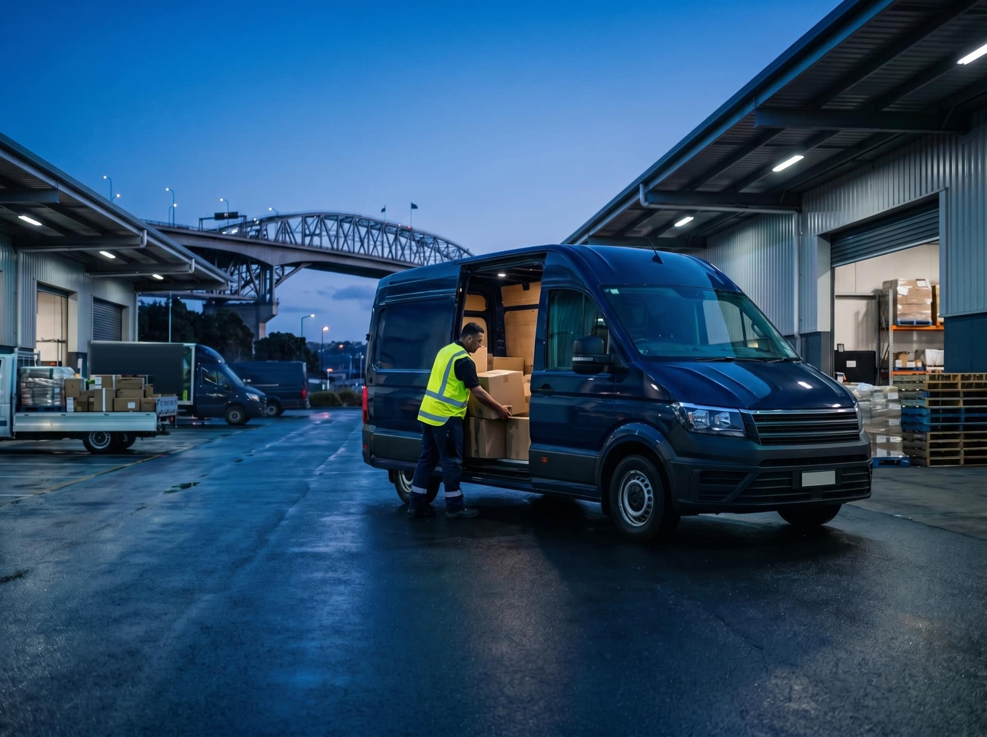 Ctrack-managed fleet van at an Auckland last-mile depot at dusk with the Harbour Bridge silhouette behind