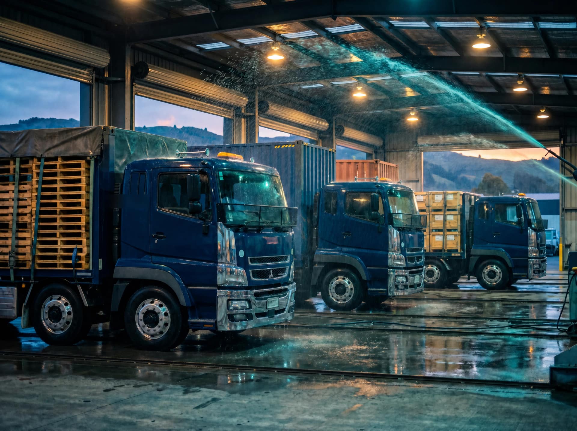 Line of Ctrack-tracked freight trucks in a commercial wash bay at dusk with teal-tinted spray