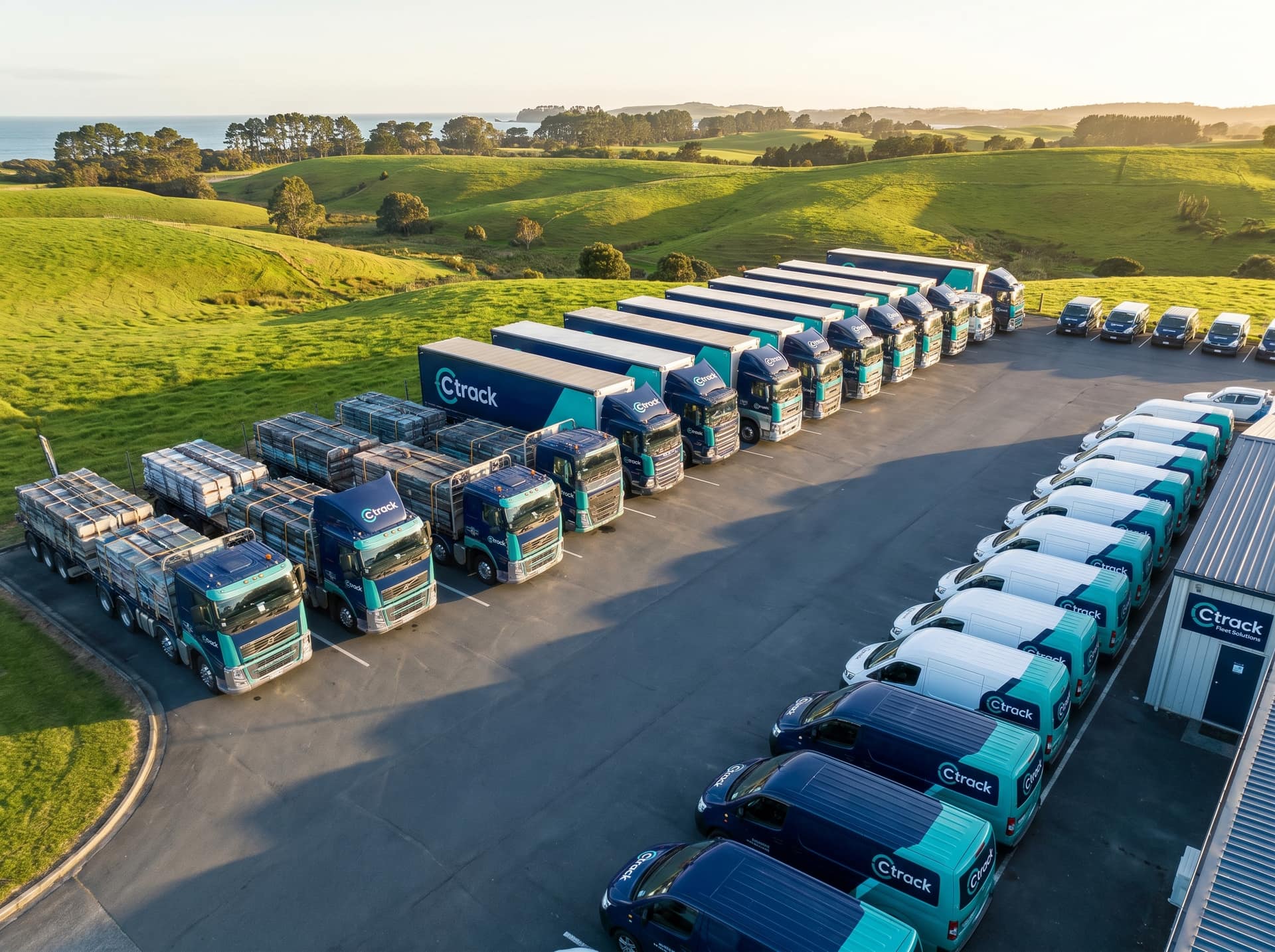 Drone-style aerial of a Ctrack-managed New Zealand fleet yard with trucks, trailers and vans laid out