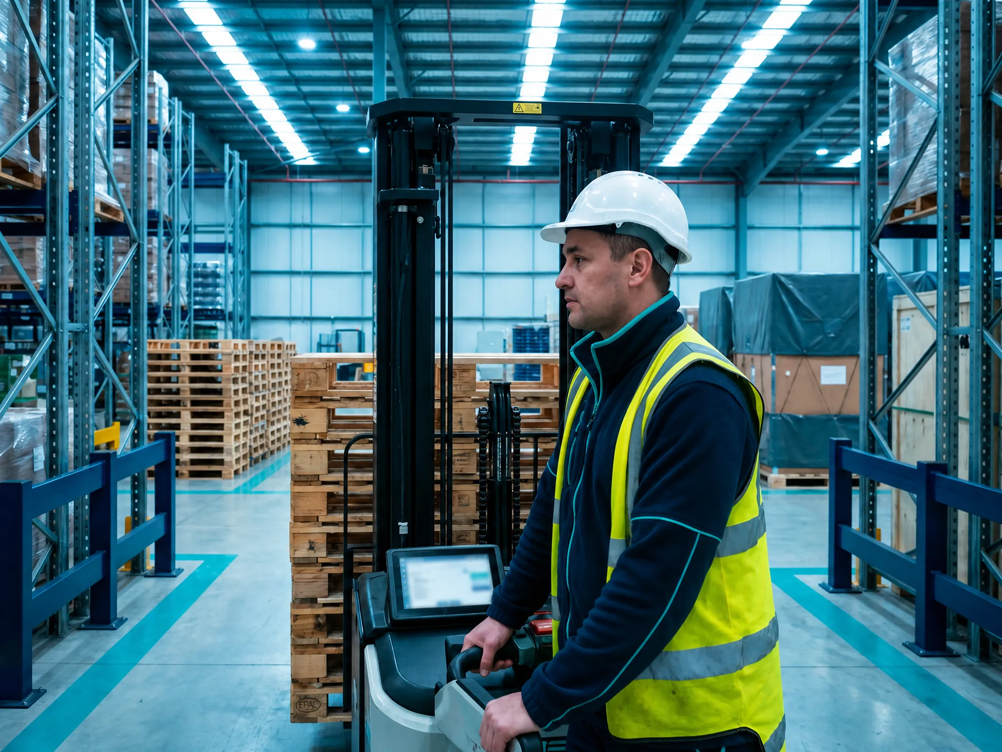 Forklift operator in hi-vis moving stacked pallets inside a clean high-bay New Zealand warehouse