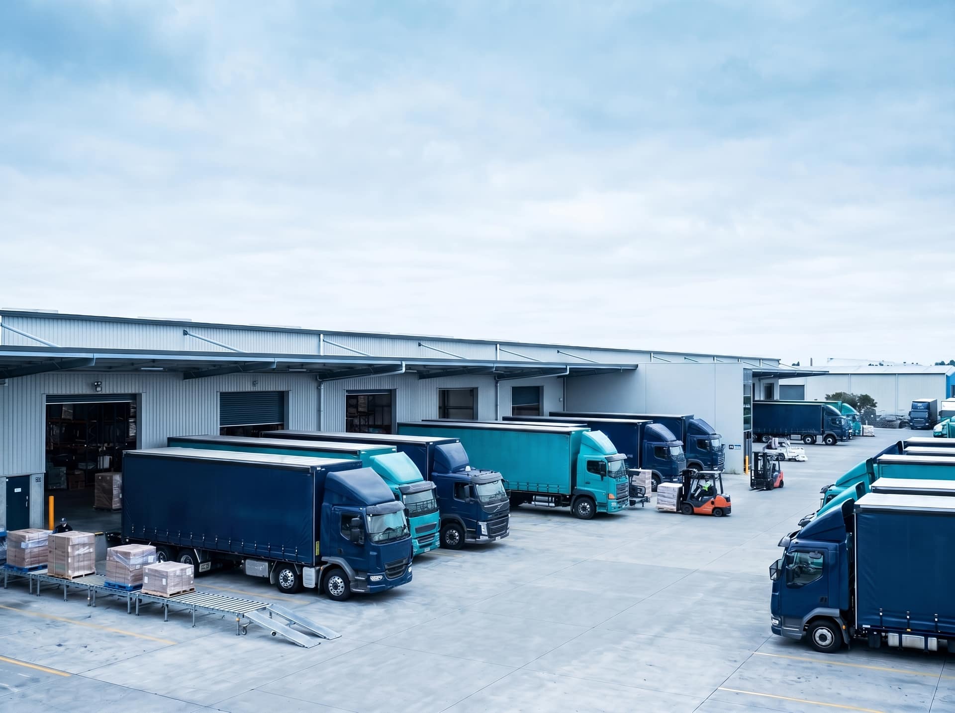 Wide view of a New Zealand freight distribution centre with curtain-siders docked and pallets moving