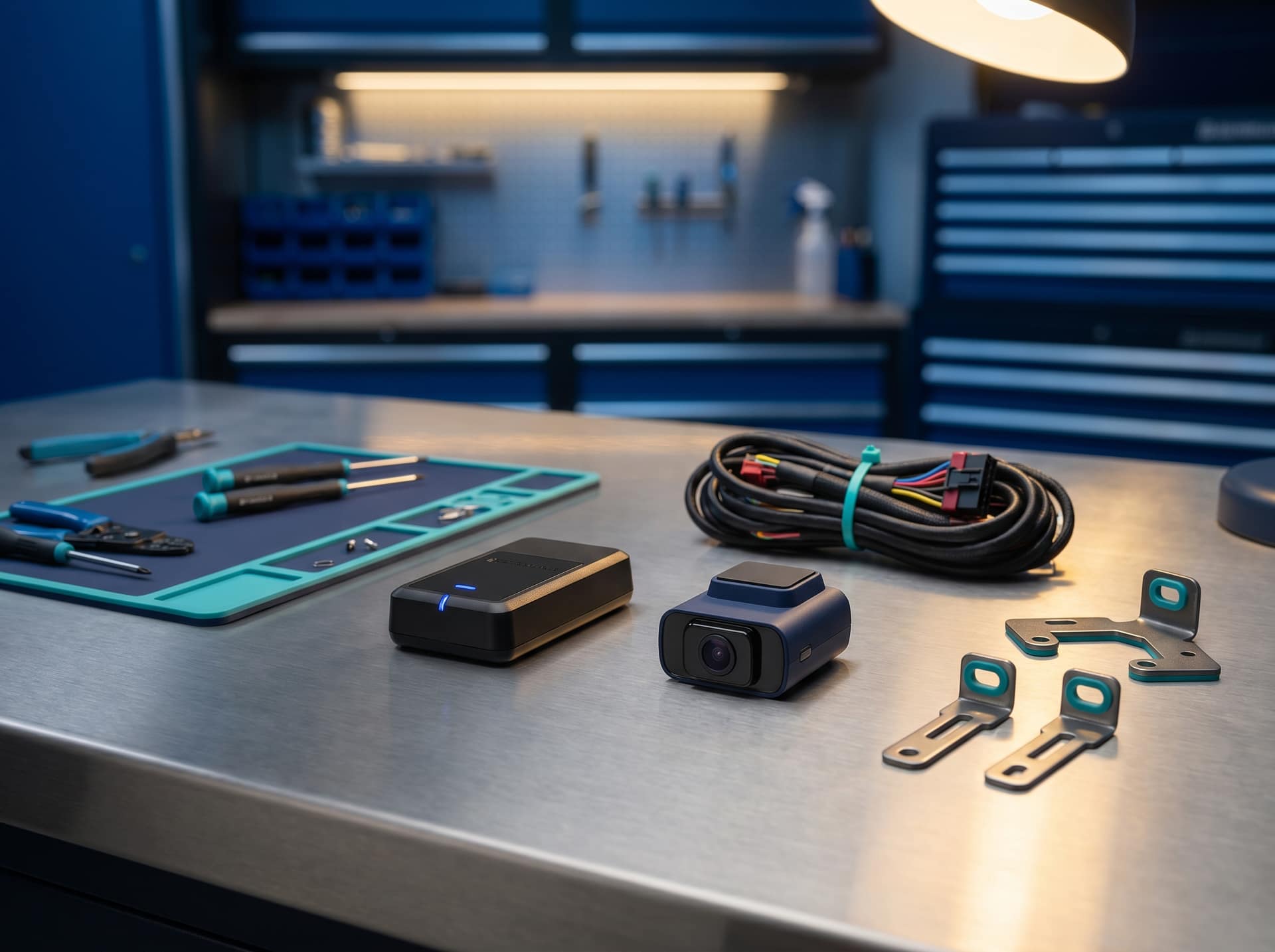 Ctrack hardware kit laid out on a clean workshop bench under warm task light