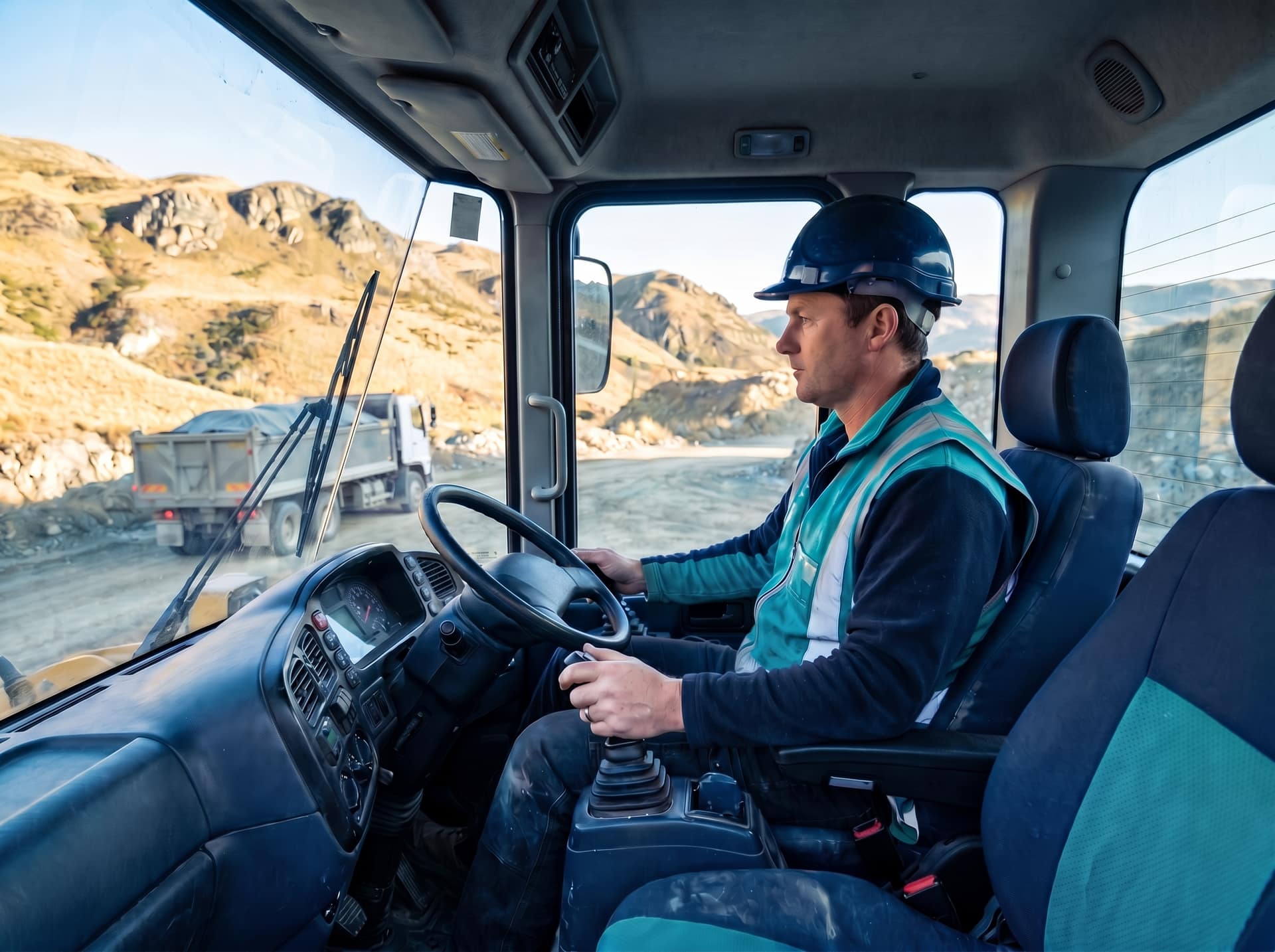 Plant operator in the cab of a wheel loader at a quarry with South Island terrain beyond