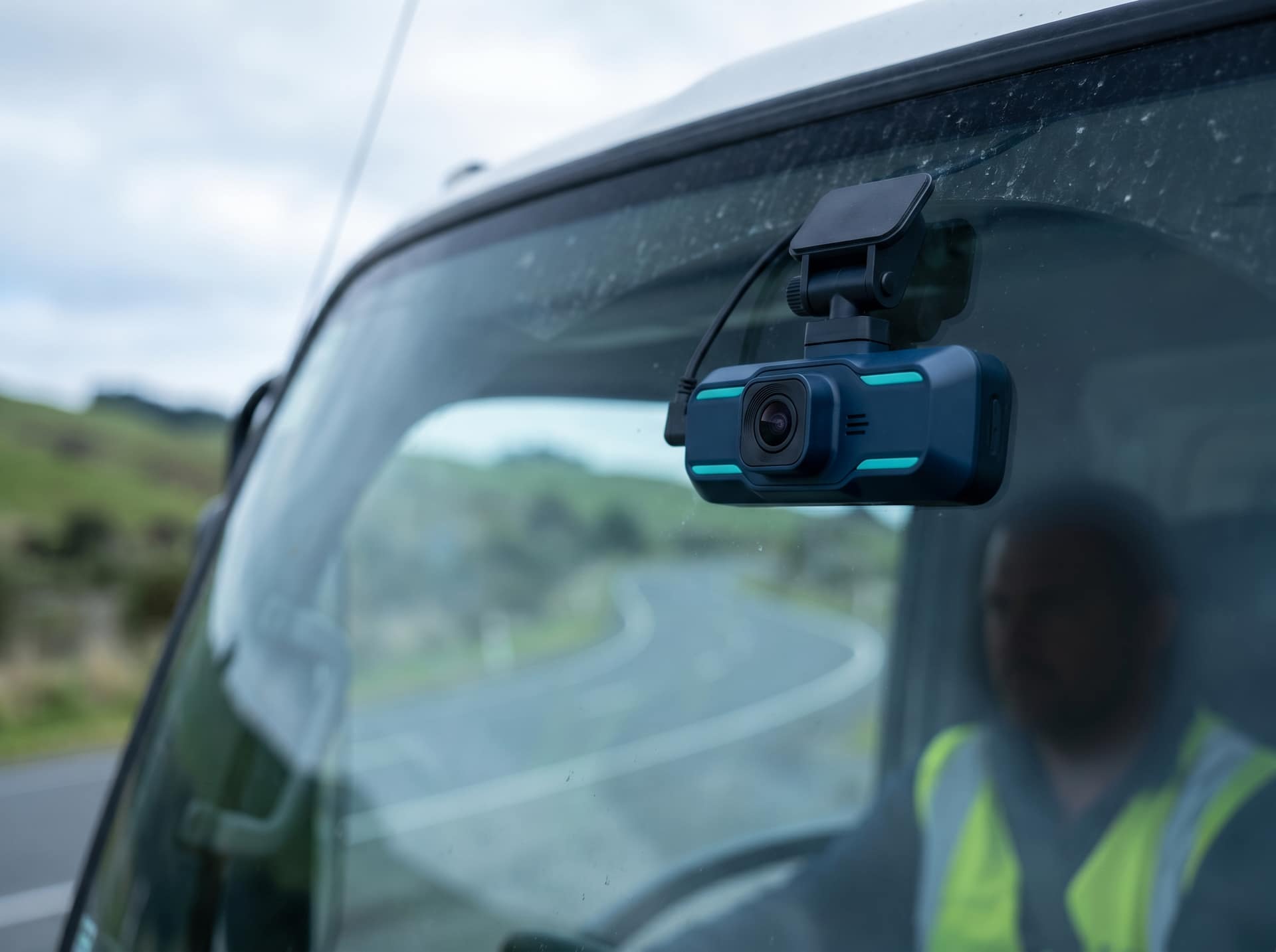 Close crop of an AI dashcam mounted at the top of a truck windscreen with New Zealand road visible through the glass