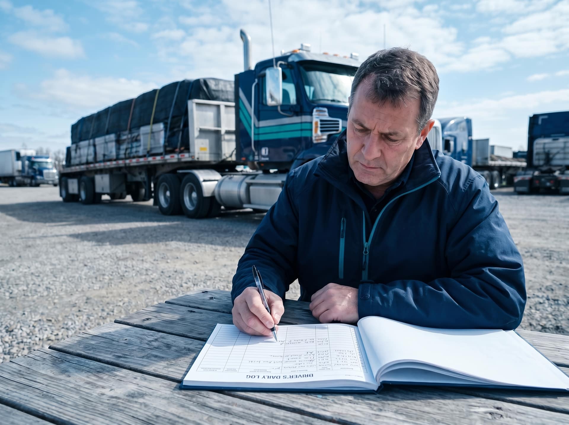 Driver filling in a NZTA logbook at a truck stop with the vehicle parked behind