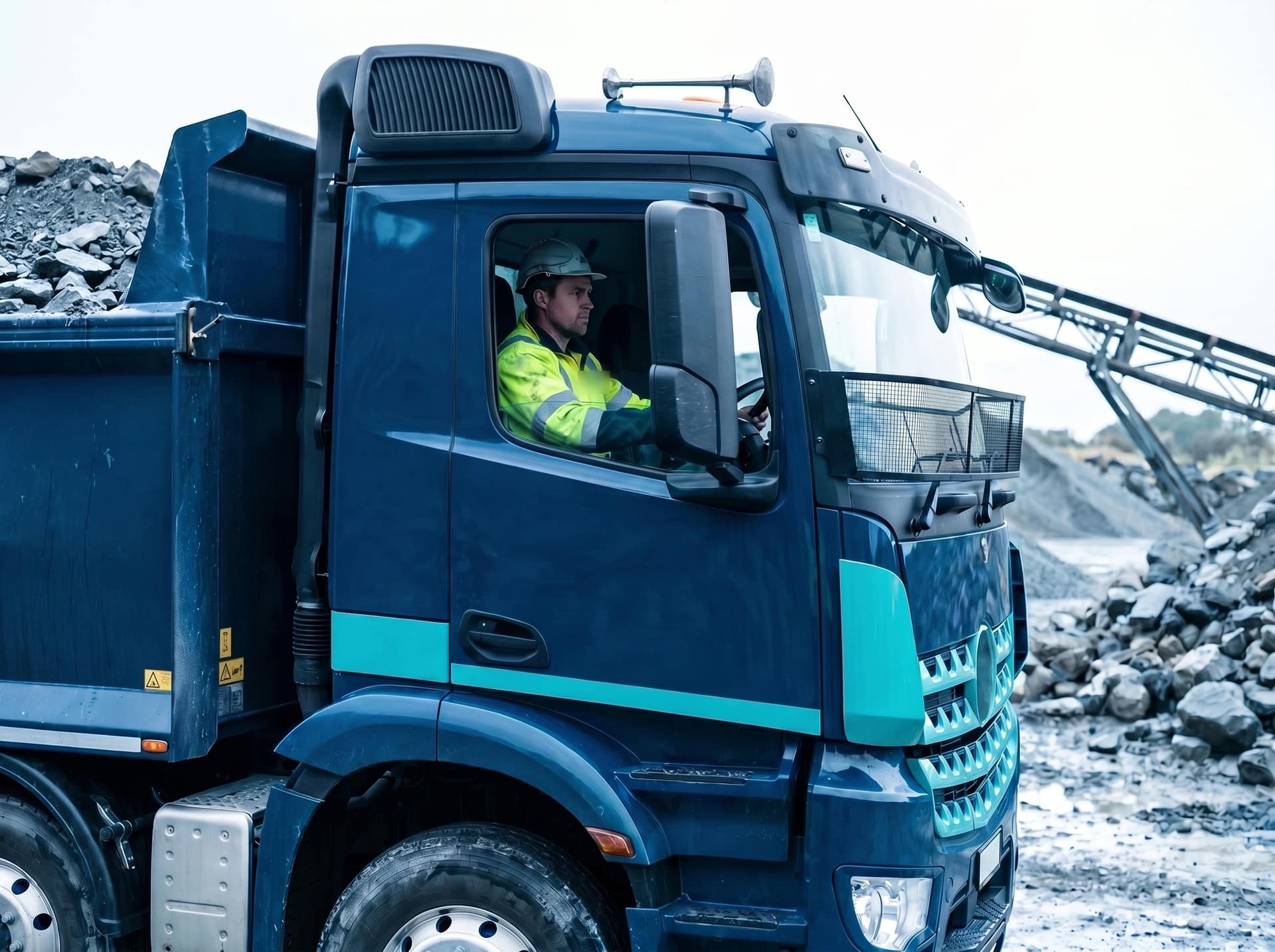 Close-up of a haul truck at a New Zealand aggregate operation with the operator visible in the cab