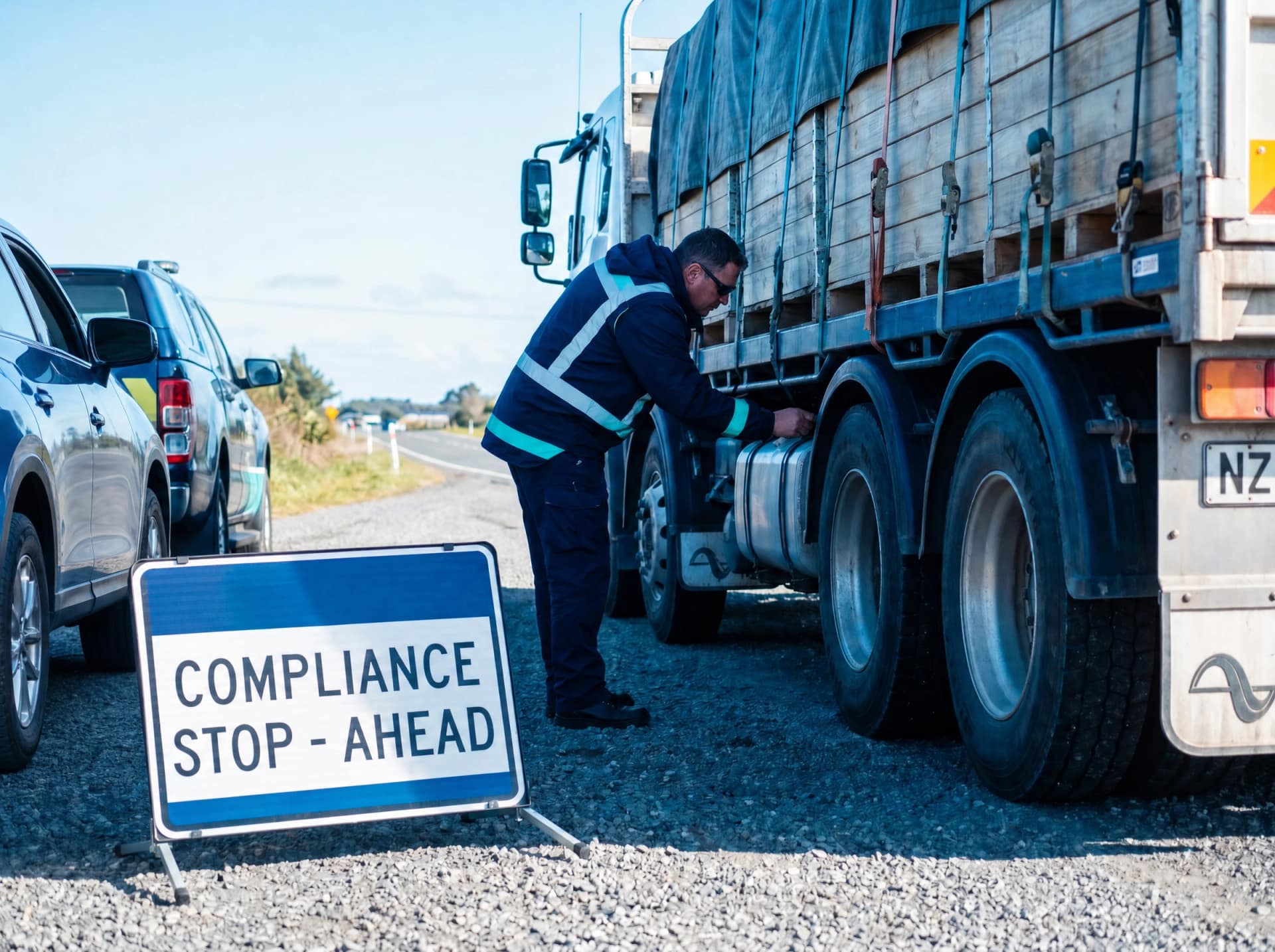 NZTA roadside inspector checking a freight truck at a compliance stop