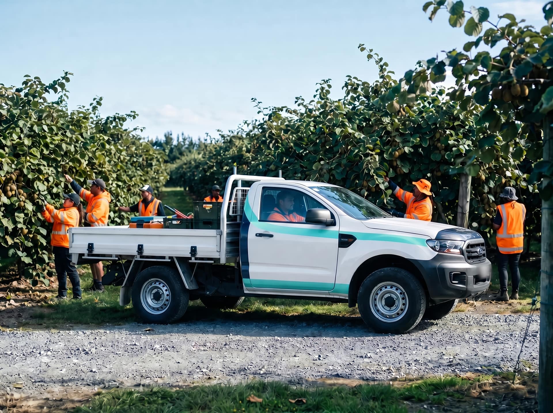 Fleet utility vehicle parked in a New Zealand kiwifruit orchard with workers in hi-vis