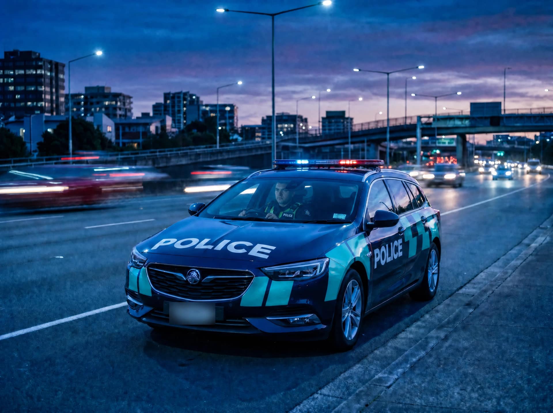 New Zealand police highway patrol vehicle on an urban motorway at twilight