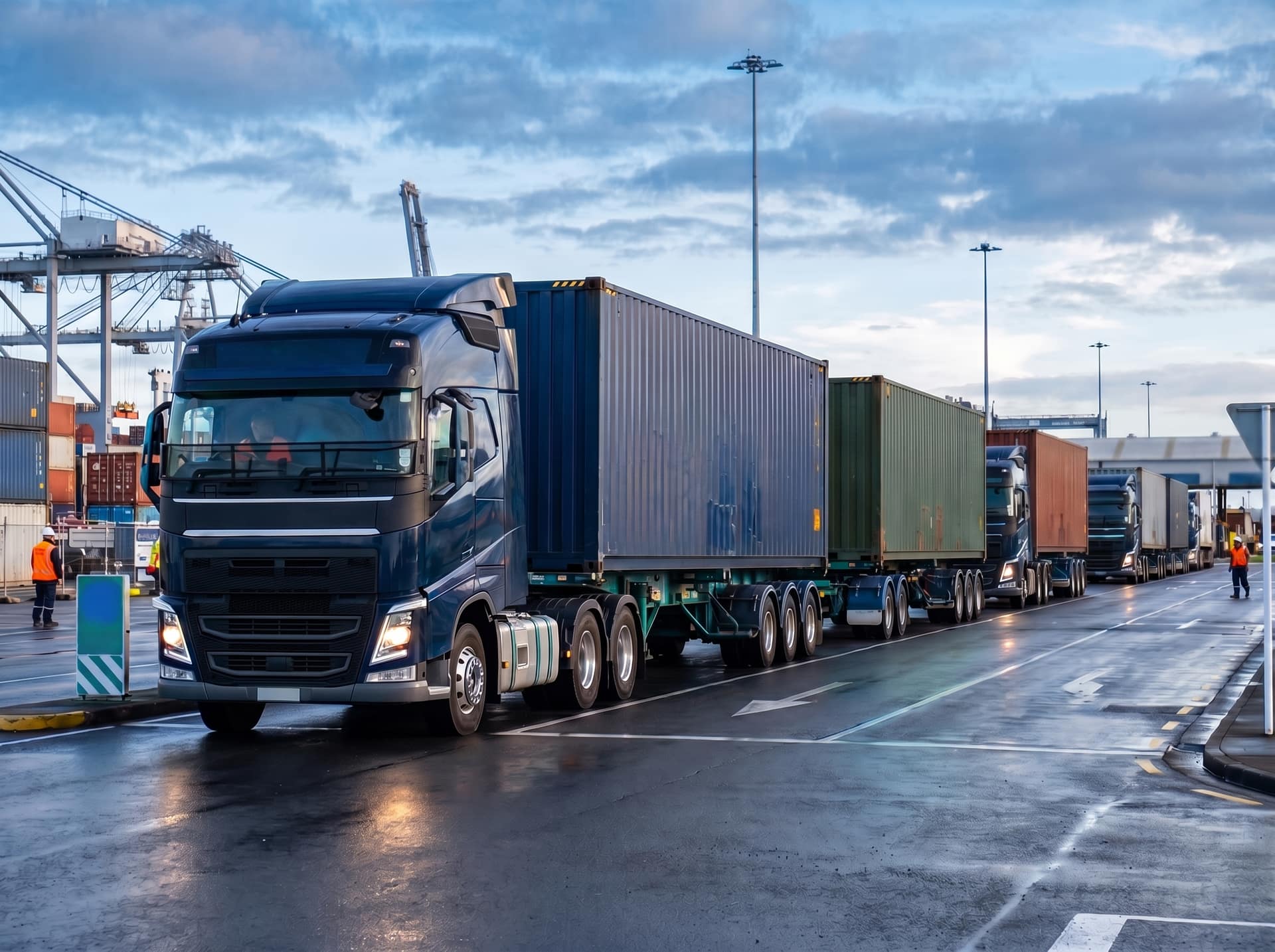 Container skeletal trucks queued at a New Zealand port gate in morning light