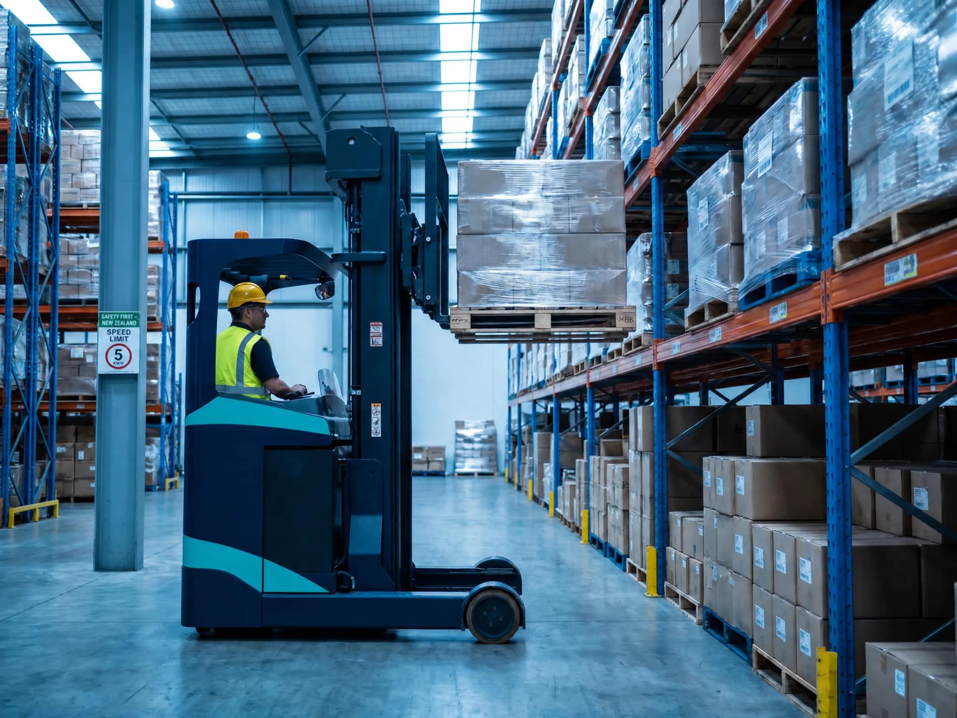 Reach truck operating in a high-bay warehouse racking aisle in New Zealand