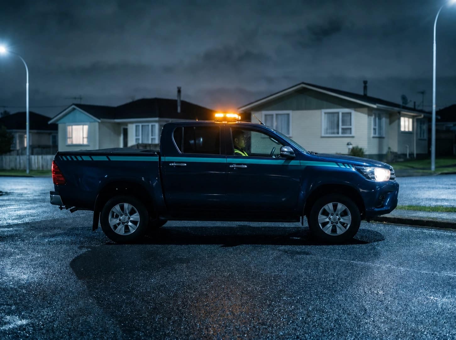 Security company response vehicle on a New Zealand suburban road at night