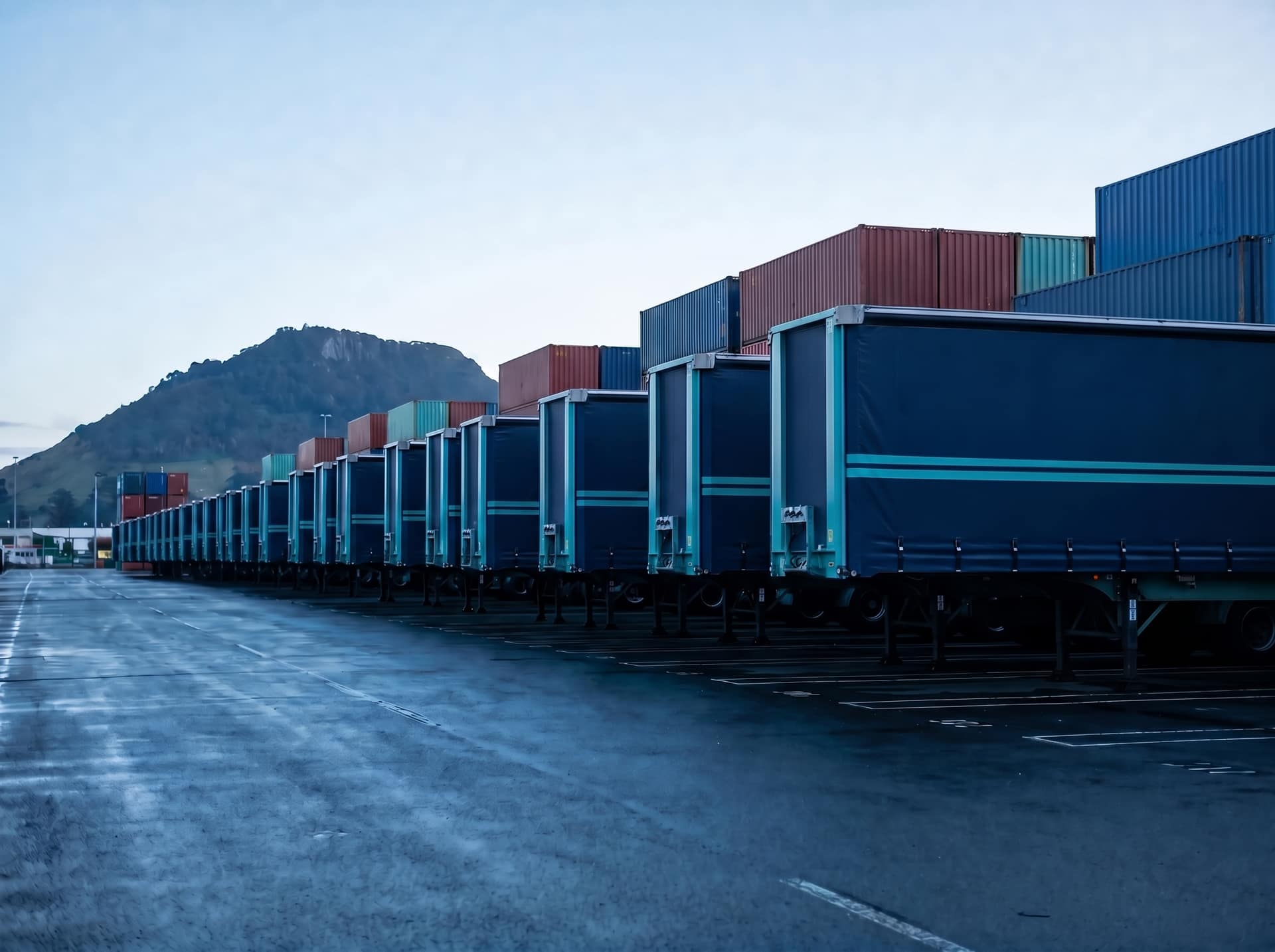 Curtain-sider trailers lined up at a Port of Tauranga yard at dawn with Mount Maunganui in the distance