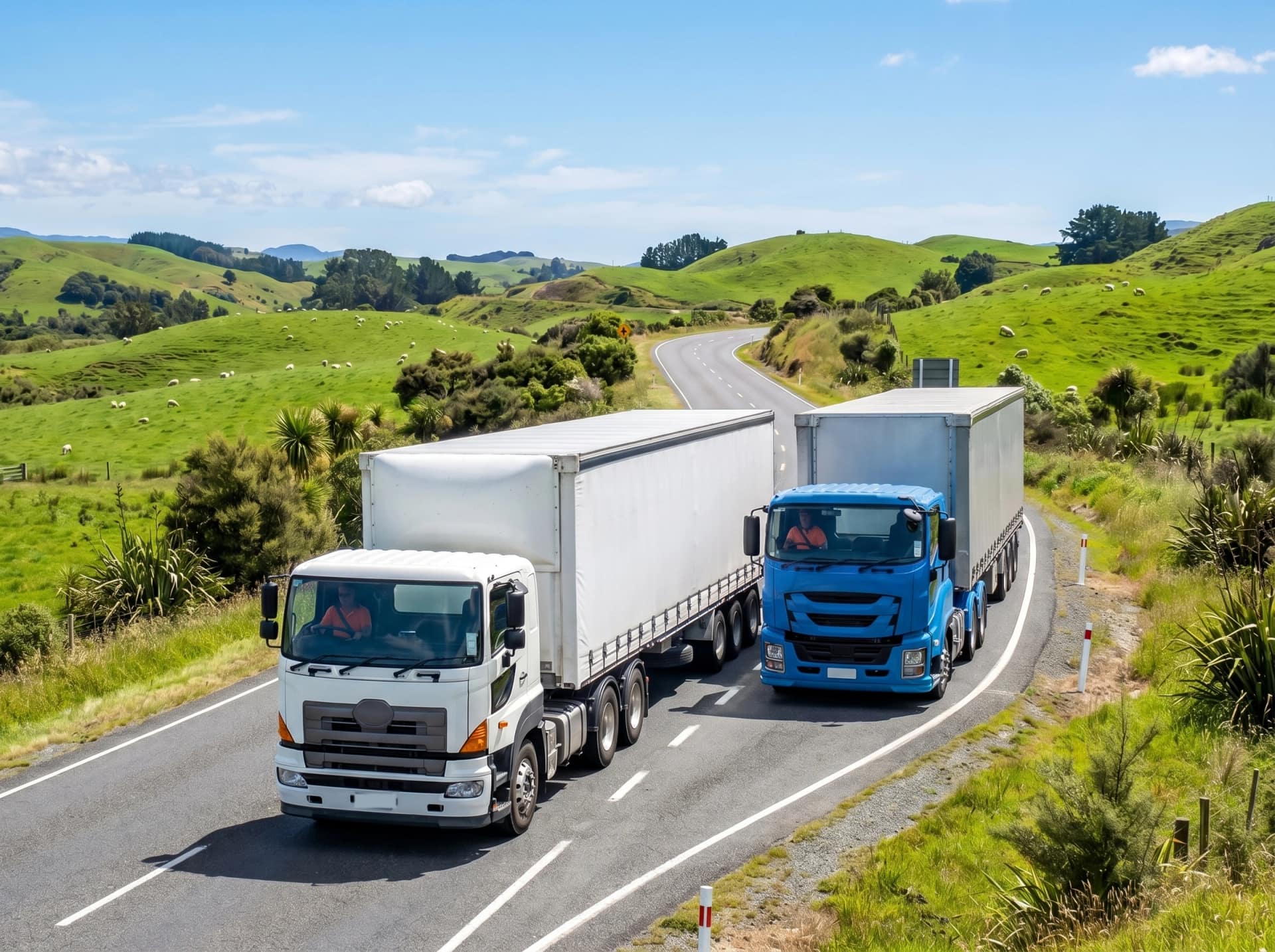 Commercial trucks travelling through New Zealand countryside with live fleet visibility from Ctrack