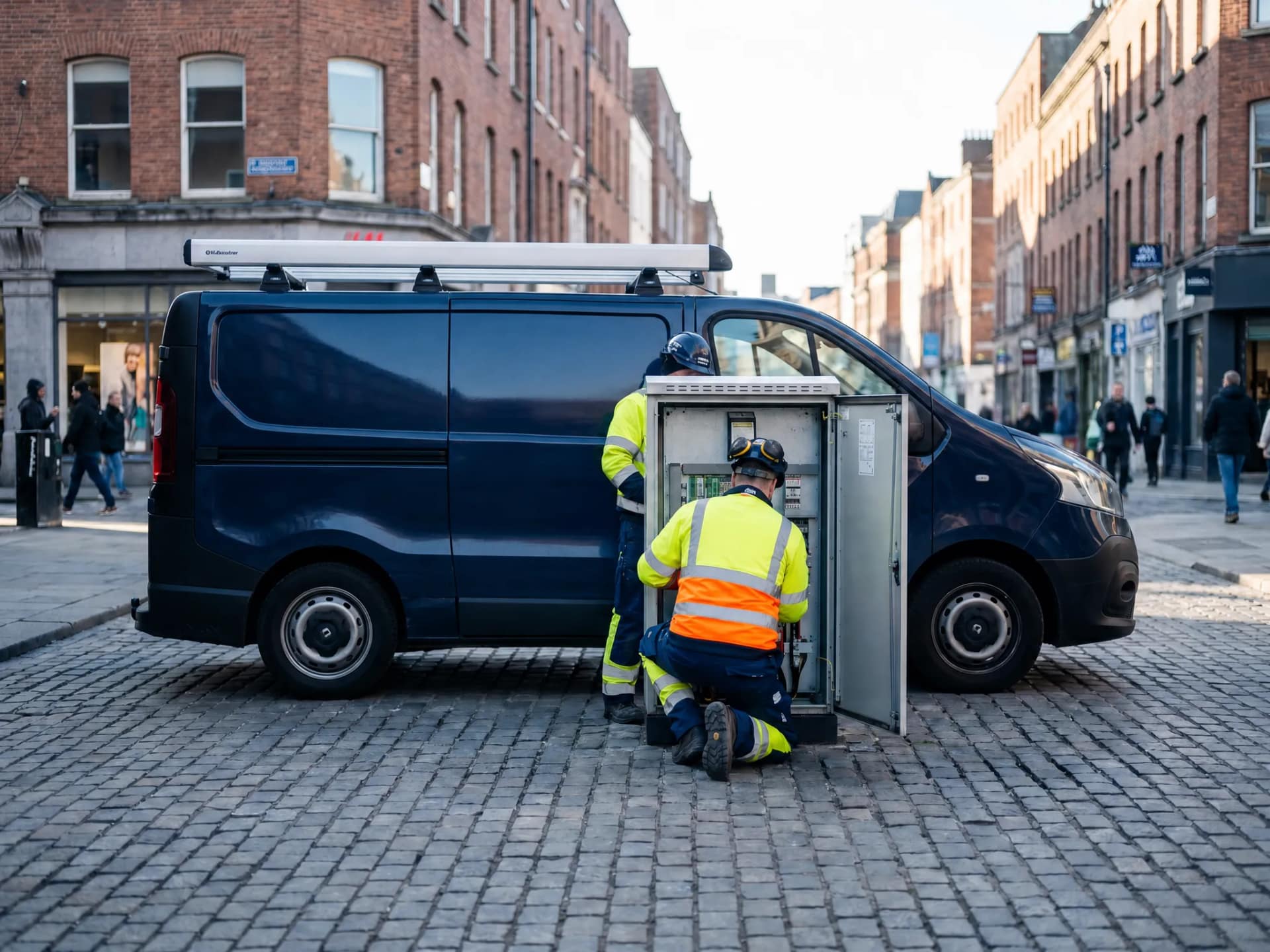 Utilities service van parked outside a switchboard cabinet with a technician in hi-vis