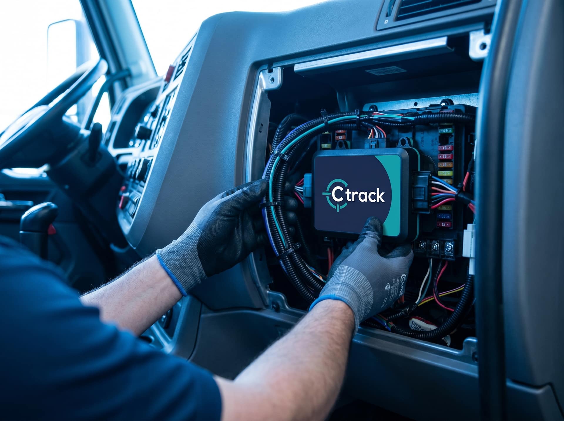 New Ctrack GPS unit being mounted behind a vehicle fuse box with the harness tidy