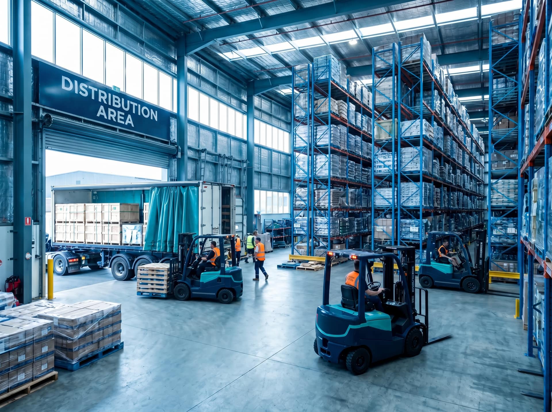 Wide shot of a busy New Zealand warehouse with forklifts, pallet movements and a loading dock door open