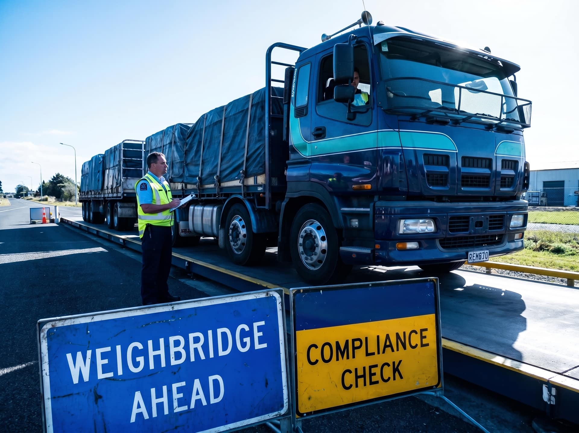 Loaded freight truck on a weighbridge at a roadside NZTA-style compliance checkpoint
