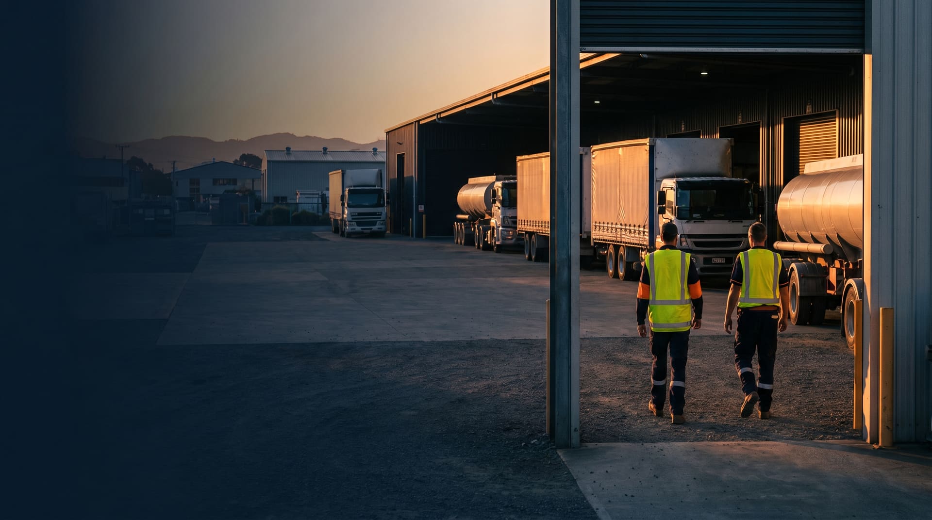 NZ fleet operations control room with fleet manager reviewing Crystal telematics dashboard screens showing real-time vehicle KPI data across New Zealand depots