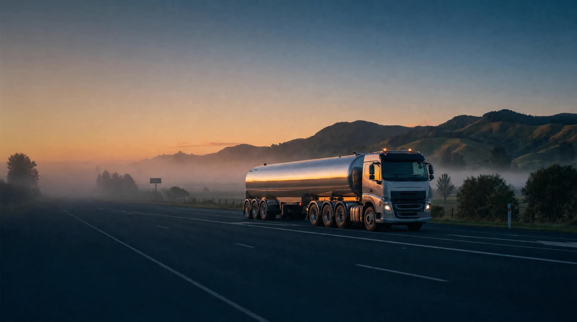 Fleet operations manager at NZ depot office monitoring multiple screens showing integrated Crystal platform data, with Hino and Fuso trucks visible through large windows and green NZ hills beyond