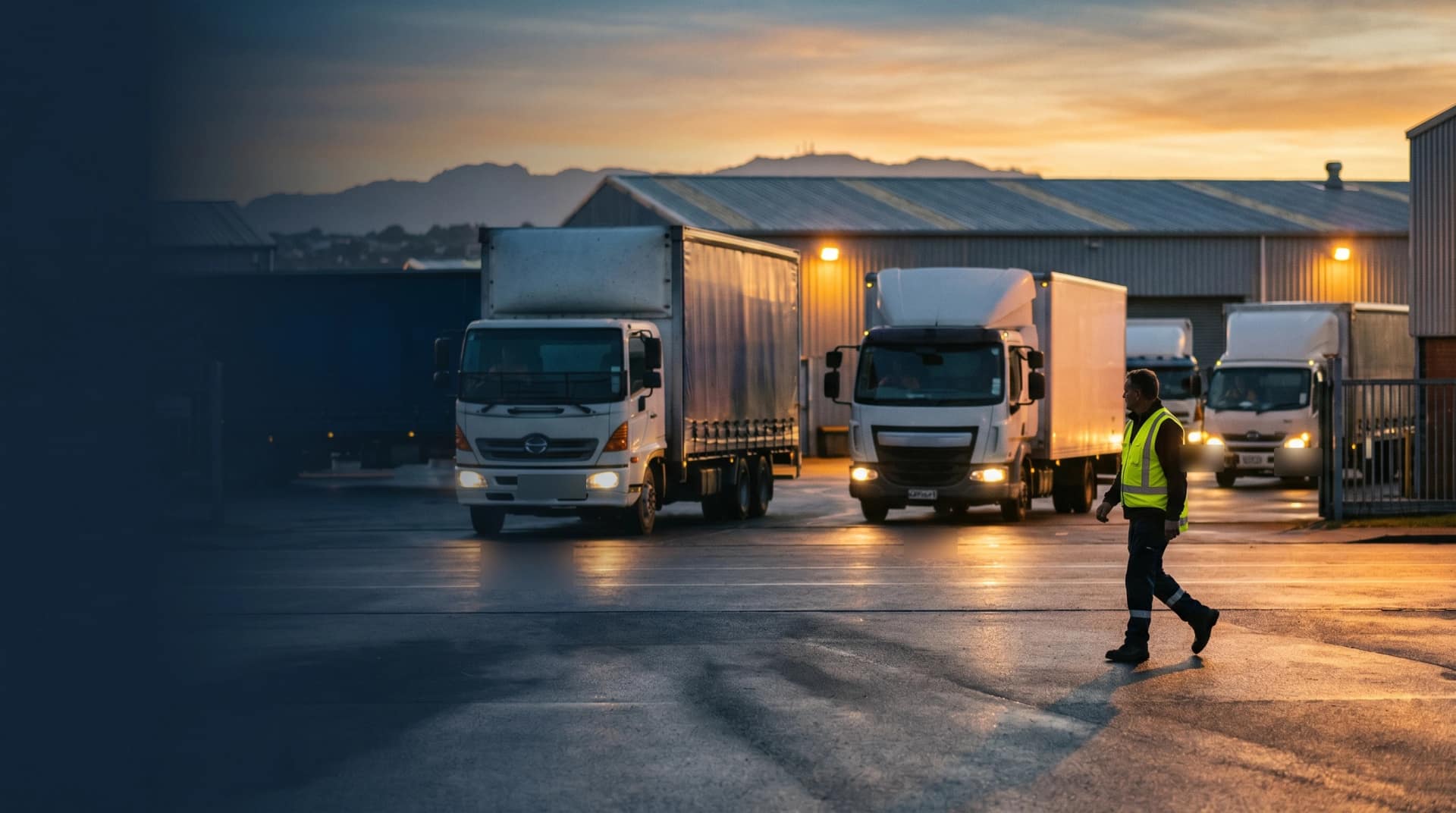 Mixed New Zealand fleet of right-hand-drive Hino trucks and light commercial vehicles departing a suburban depot at dawn under moody overcast light, with a high-vis depot worker coordinating movements