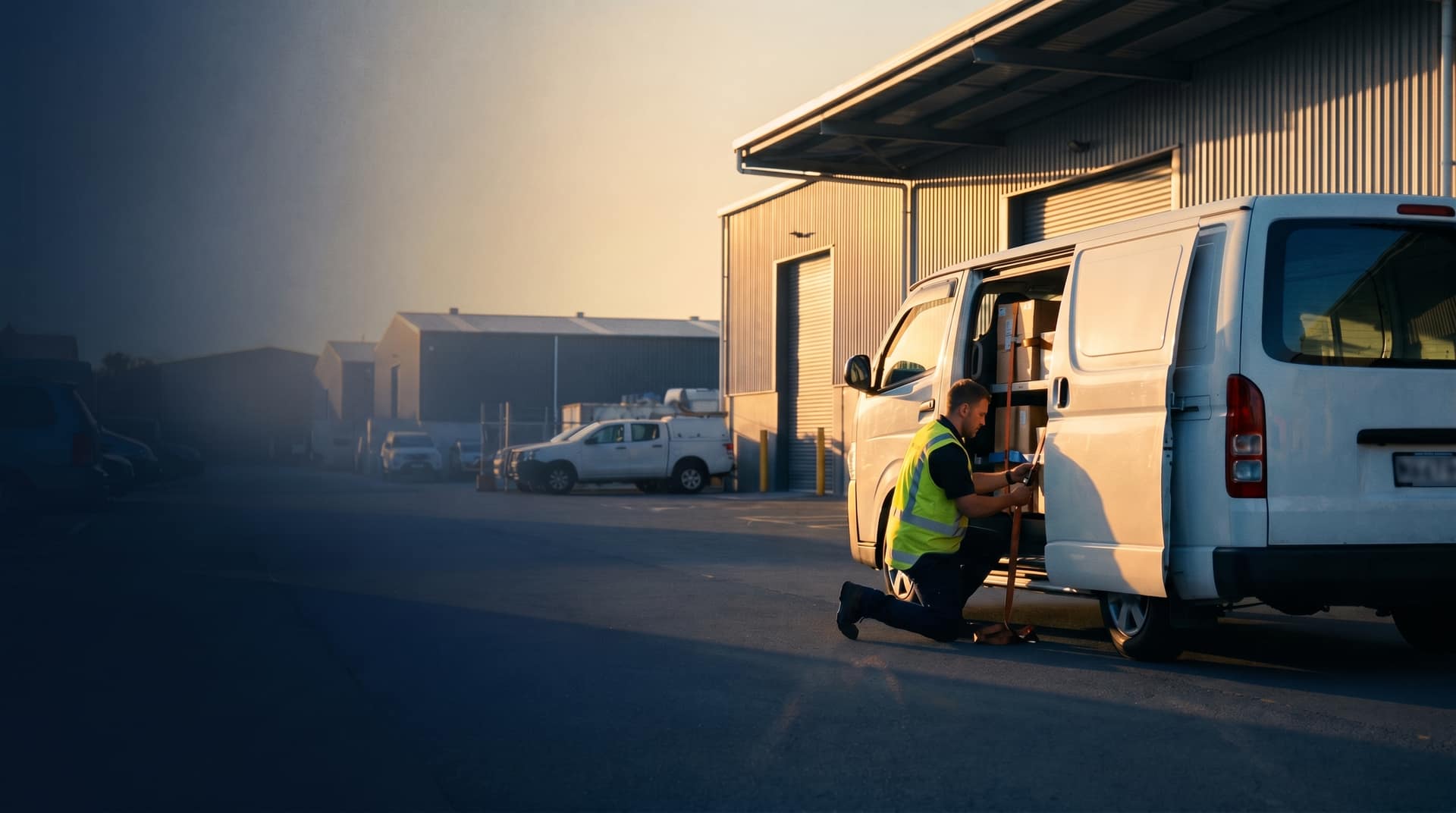 Fleet of service vans departing a NZ commercial depot at sunrise, green rolling hills in background