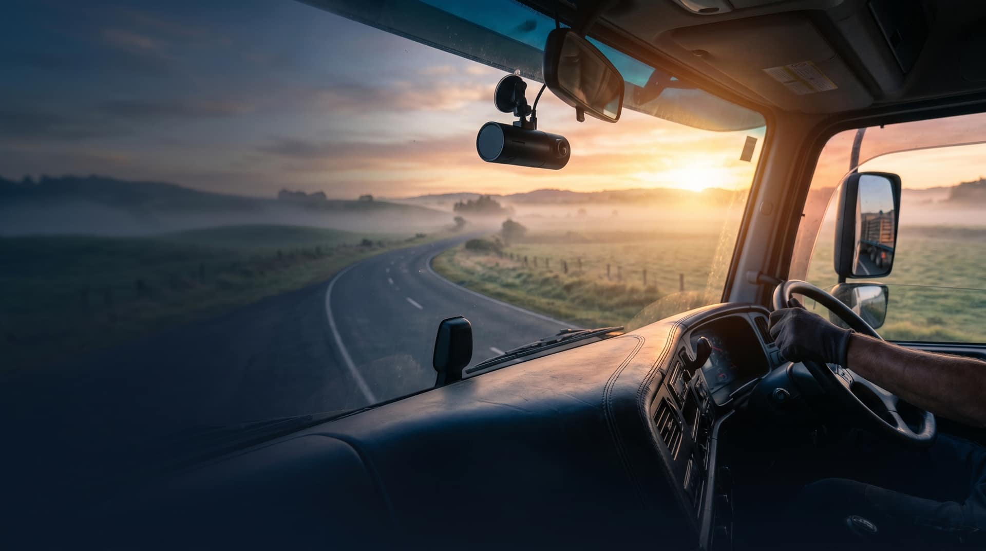 Hino truck with video telematics cameras on New Zealand state highway through green rolling hills