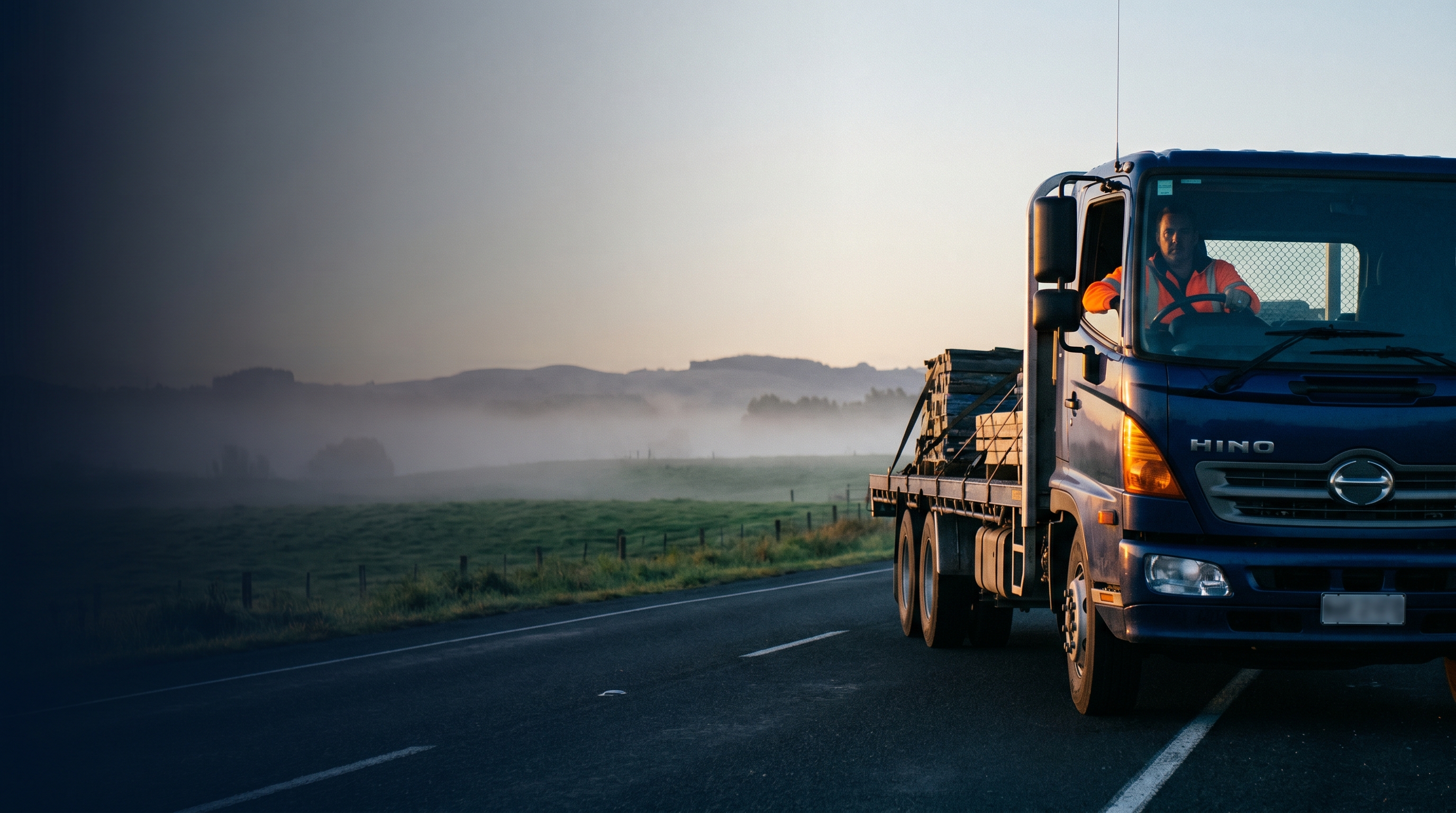 Hino freight truck on a New Zealand state highway through green North Island farmland at dawn