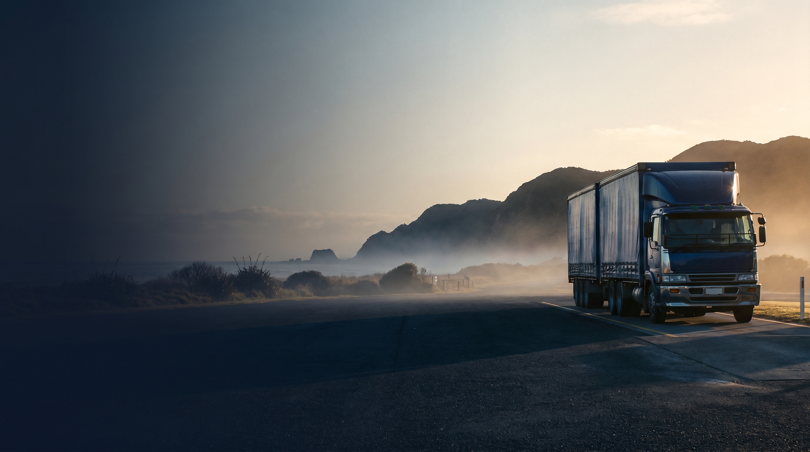 NZTA compliance inspector in orange hi-vis vest reviewing paperwork beside Hino and Isuzu trucks on a New Zealand state highway with green rolling hills