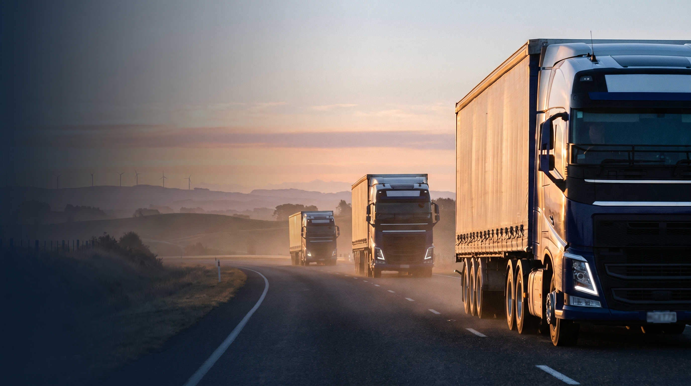 Commercial fleet vehicles on a New Zealand state highway through green Waikato hills at golden hour