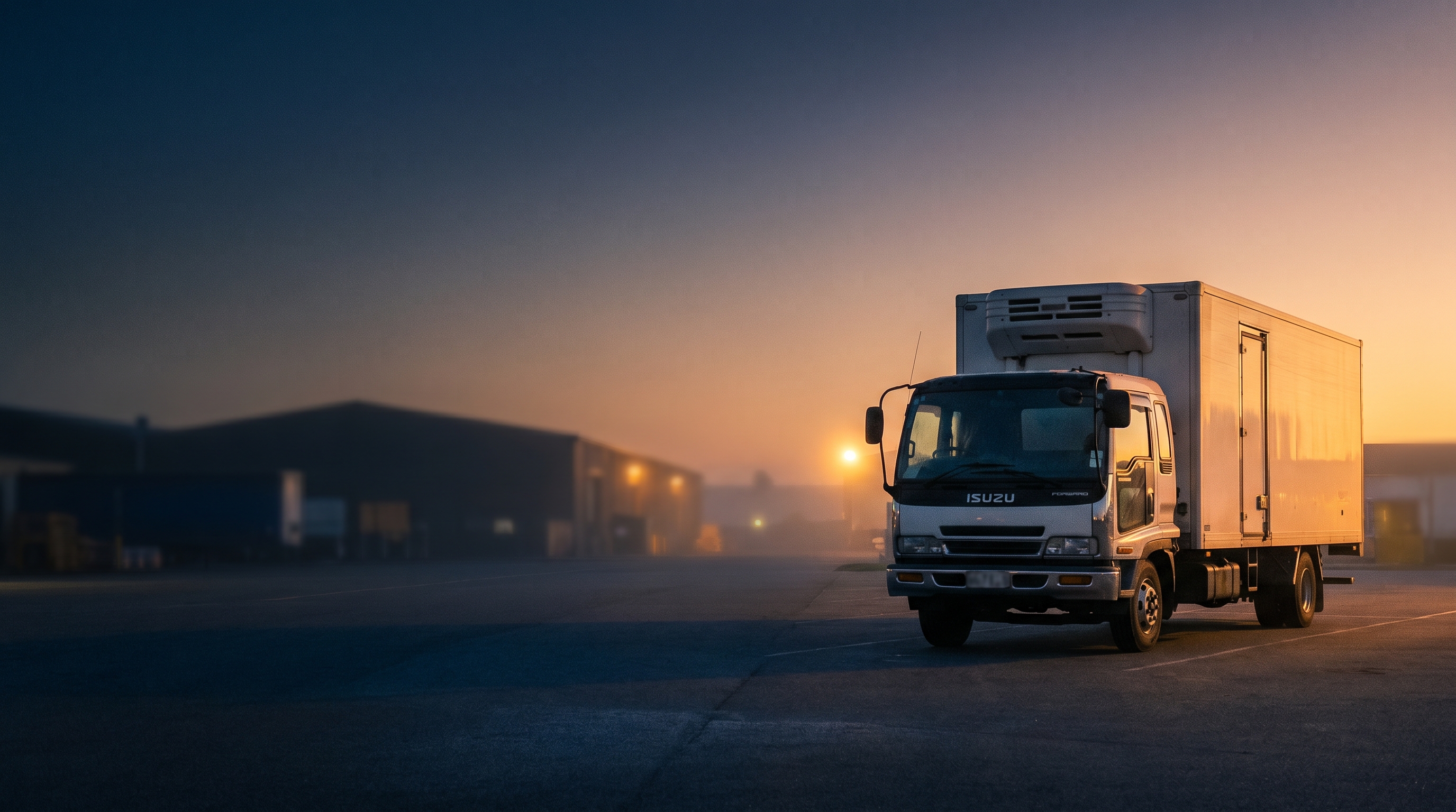 Mixed commercial fleet of Hino trucks and Toyota Hilux utes traveling in convoy on a New Zealand state highway through green rolling hills at sunrise