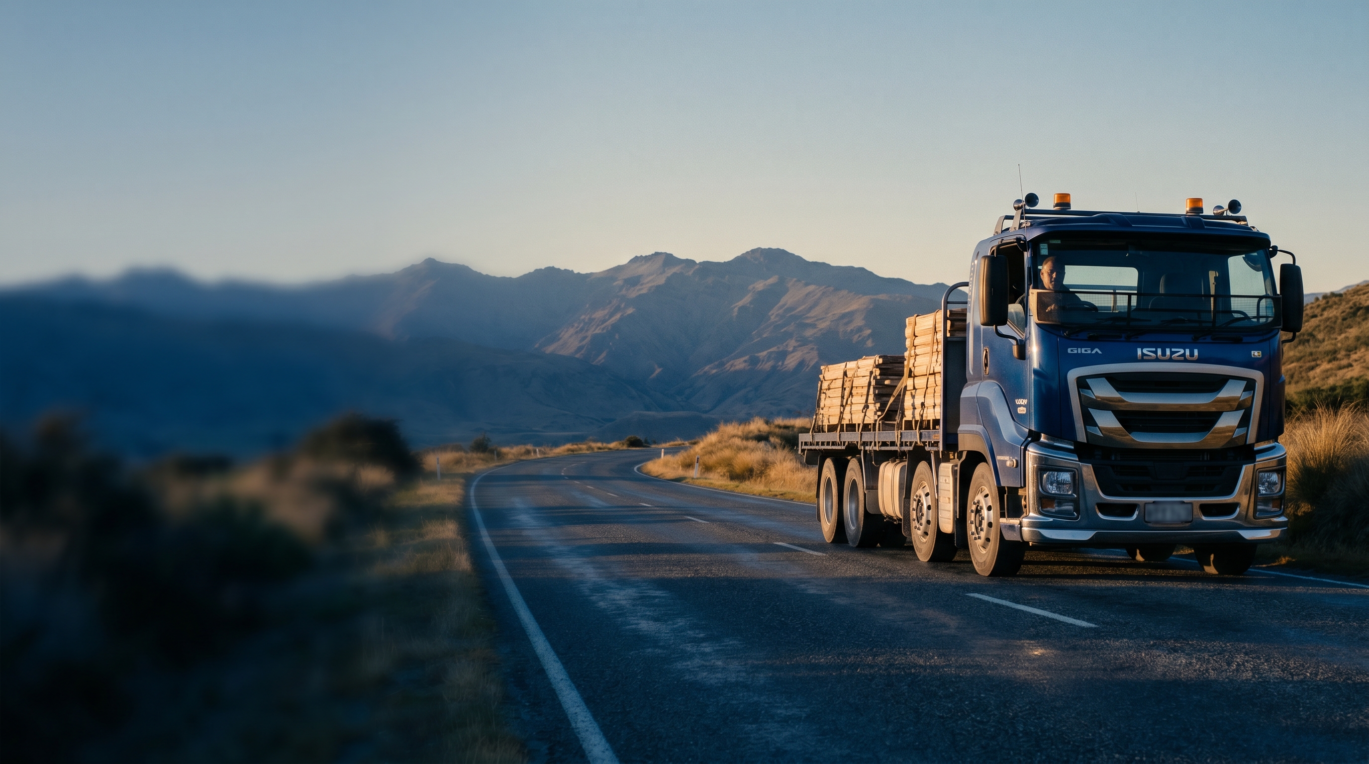 NZ commercial fleet vehicles on a state highway through green rolling hills at early morning