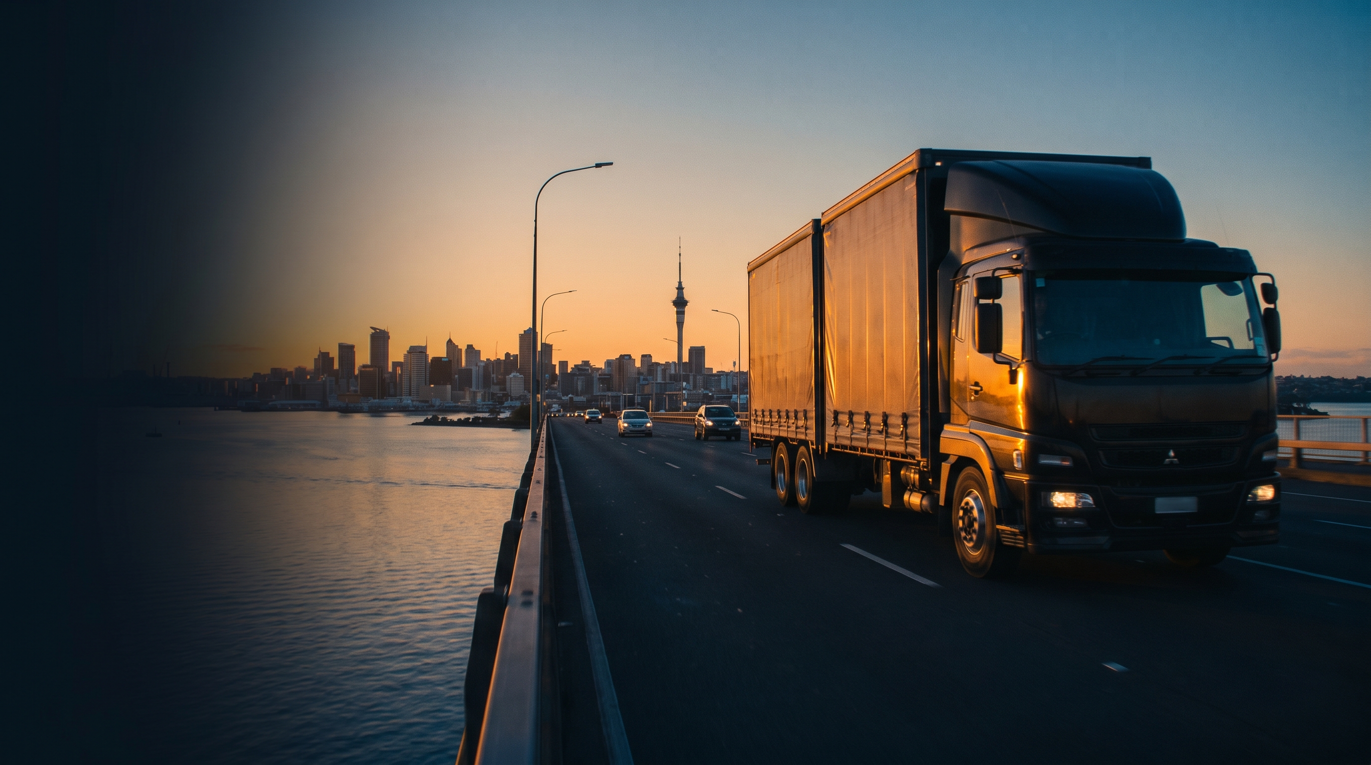 Cinematic golden hour over Auckland motorway interchange with Harbour Bridge and Sky Tower in background, commercial fleet vehicles, warm NZ light, no text overlay