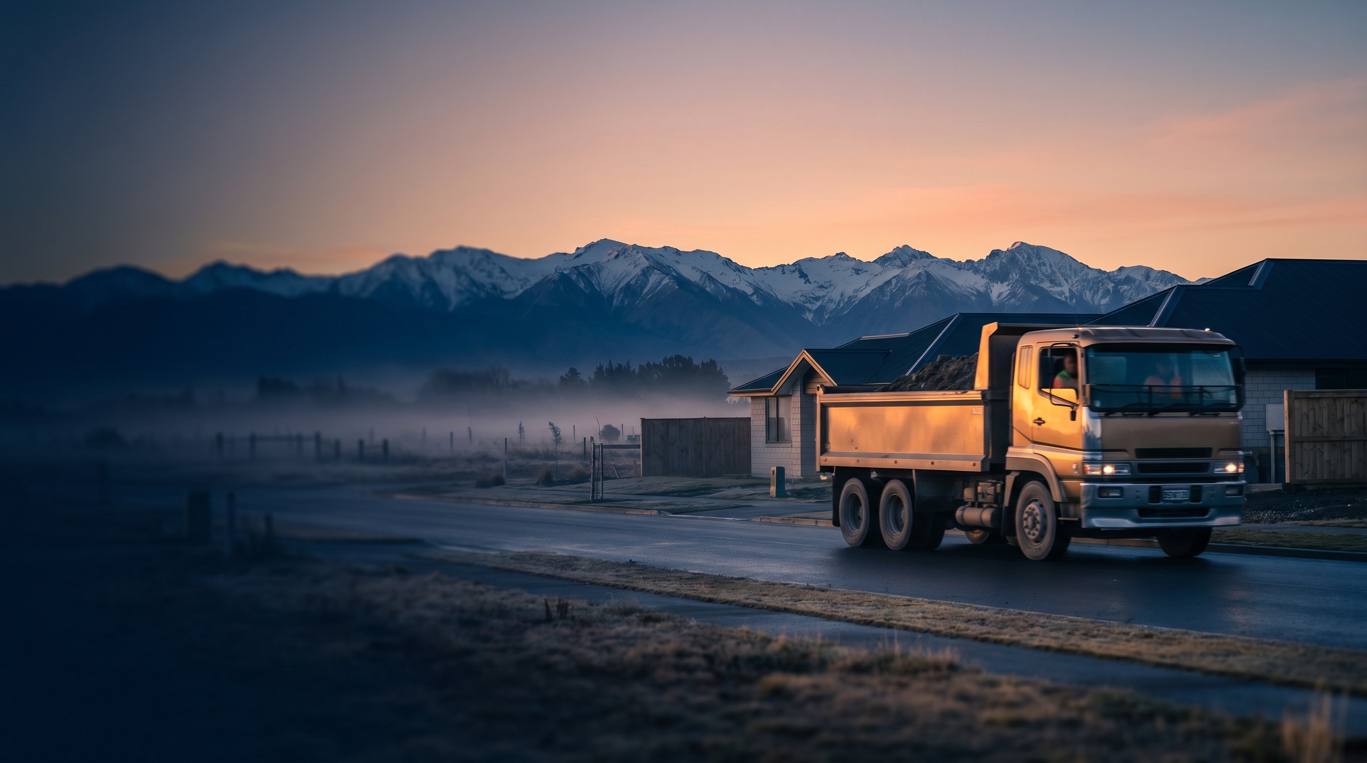 Cinematic golden hour over Christchurch with fleet vehicles on arterial road, Southern Alps backdrop visible across the Canterbury Plains, no text overlay