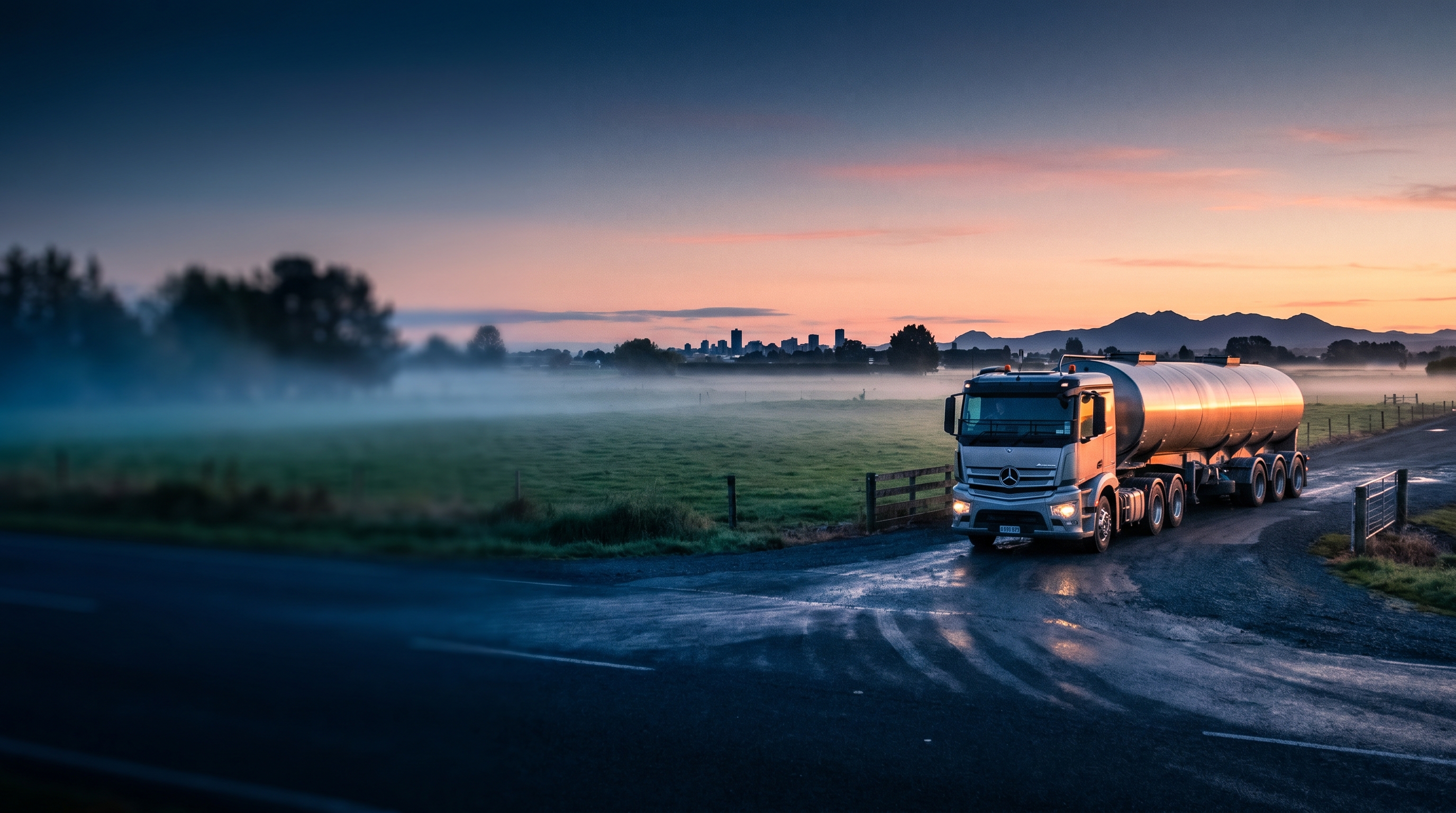 Cinematic golden hour fleet vehicles on state highway through Waikato region near Hamilton, green pastoral landscape with rolling hills, no text overlay