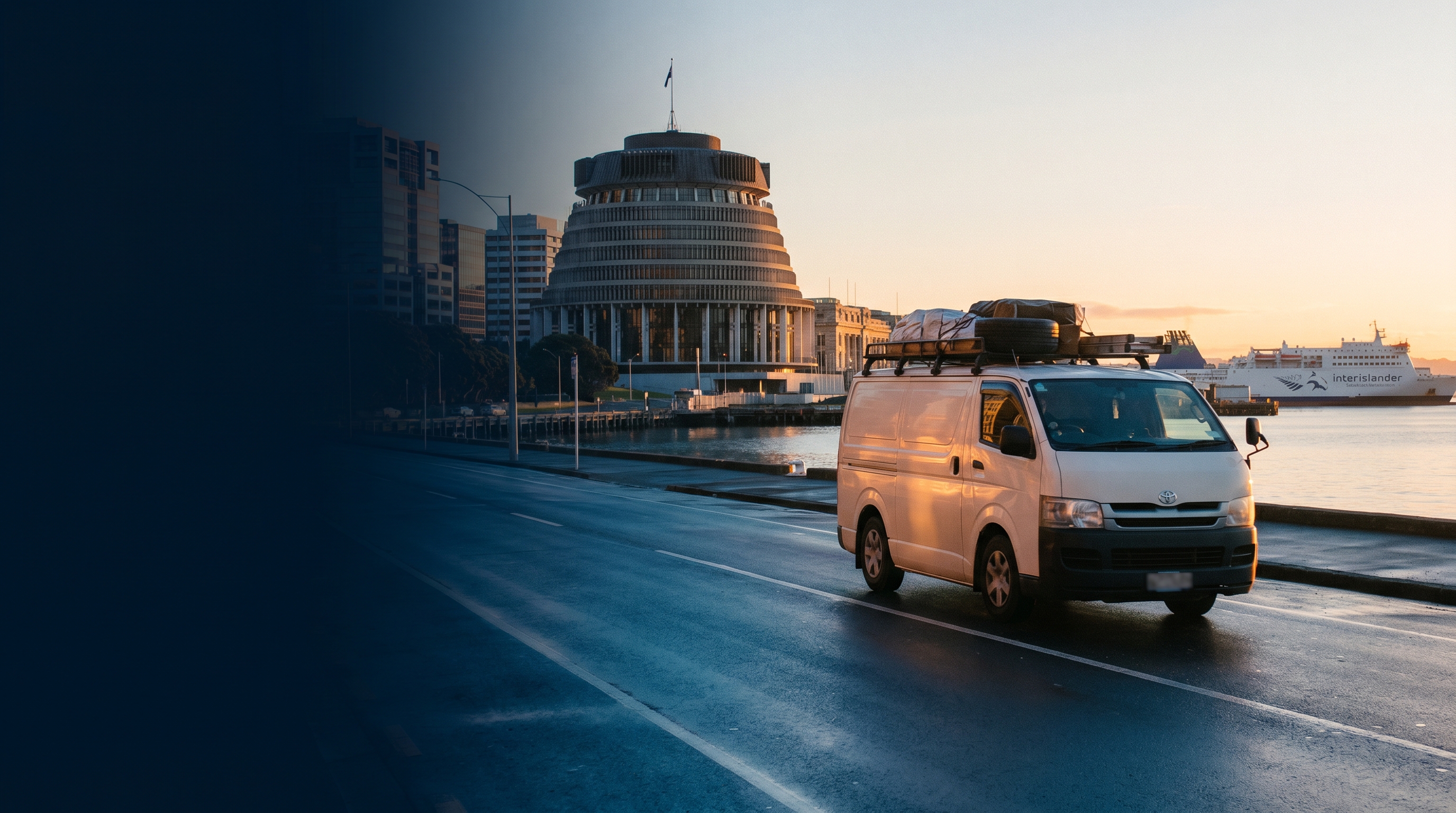 Cinematic golden hour over Wellington waterfront with fleet vehicles on harbour road, Wellington hills visible in background, professional fleet management scene, New Zealand