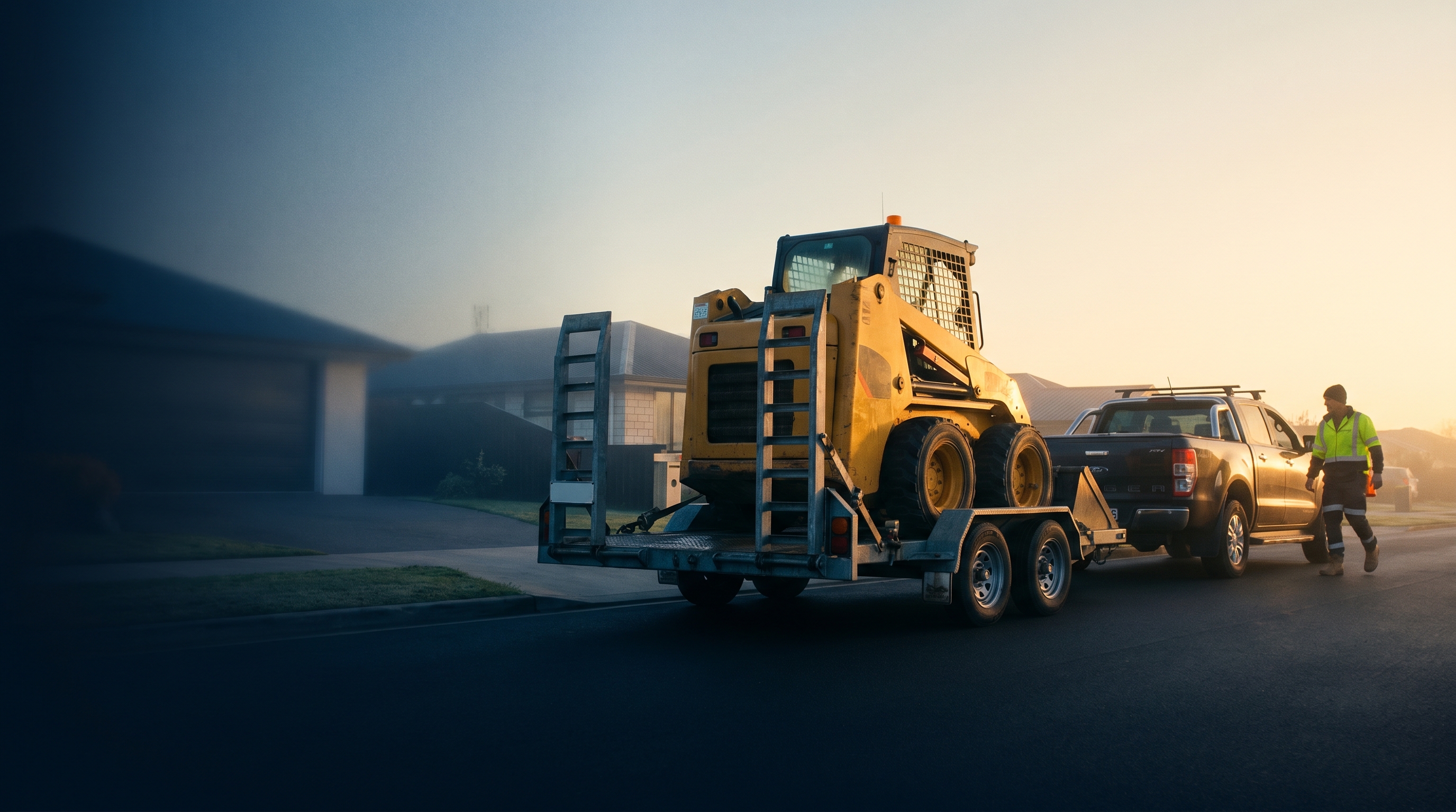 NZ construction equipment depot with GPS-tracked assets and pastoral green hills backdrop at golden hour