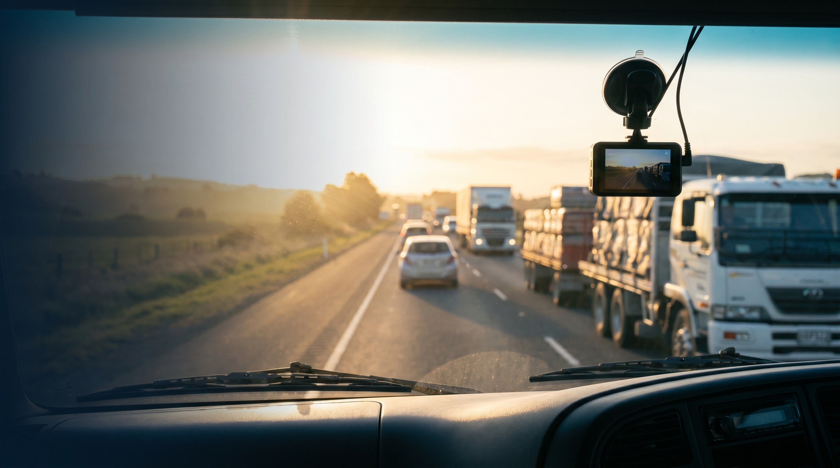 Compact dash cam mounted on windscreen of a right-hand drive van with green NZ hills visible through the glass